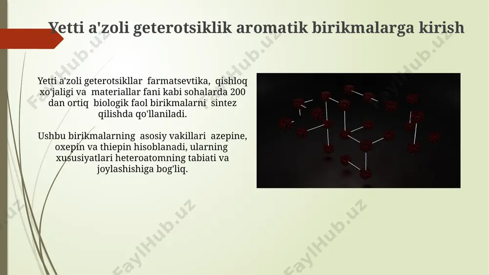 ar, qo'ziqorin kasalliklariga qarshi ba’zi fungitsid preparatlarining tarkibiga kiradi va hosildorlikni 15-20% ga oshirishga yordam beradi. ba’zi 7-a’zoli geterotsikllar, xususan, oksazepinalar guruhidagi birikmalar, o’simliklarning o’sishini tezlashtiruvchi va 20-30% gacha hosil miqdorini ko'paytiruvchi o’simlik o’sish regulyatorlari sifatida qo'llaniladi. kelajakdagi tadqiqotlar 7-a'zoli geterotsiklik birikmalarning katalitik faolligini 30% dan ortiq oshirish maqsadida, yangi ligandlarni sintez qilish va ularning metall komplekslari bilan katalitik tsikllarda qo'llanilishini o'rganish kerak. 7-a'zoli geterotsiklik aromatik birikmalarni o'z ichiga olgan yangi dorilarni kashf etish uchun yuqori samarali skrining usullarini, jumladan, 10000 dan ortiq birikmalarni tekshirishni o'z ichiga olgan tadqiqotlarni amalga oshirish zarur. diazepinlarning farmatsevtik ahamiyati ayrim 7-membered diazepin hosilalari epilepsiya va mushak spazmlarini davolashda samarali bo‘lib, terapevik dozasi bemorning yoshi va kasallik og‘irligiga bog‘liq. diazepam va midazolam kabi ba’zi diazepinlar kuchli sedativ va anksiyolitik ta’sirga ega bo‘lib, jarrohlik amaliyotlarida og‘riqsizlantirishda ishlatiladi. oksepinlar va tiopinlar oksepinalarning 7-a'zoli halqasi, 6 ta sp2-gibridlangan uglerod atomi va bitta kislorod atomidan tashkil topgan bo'lib, aromatik …