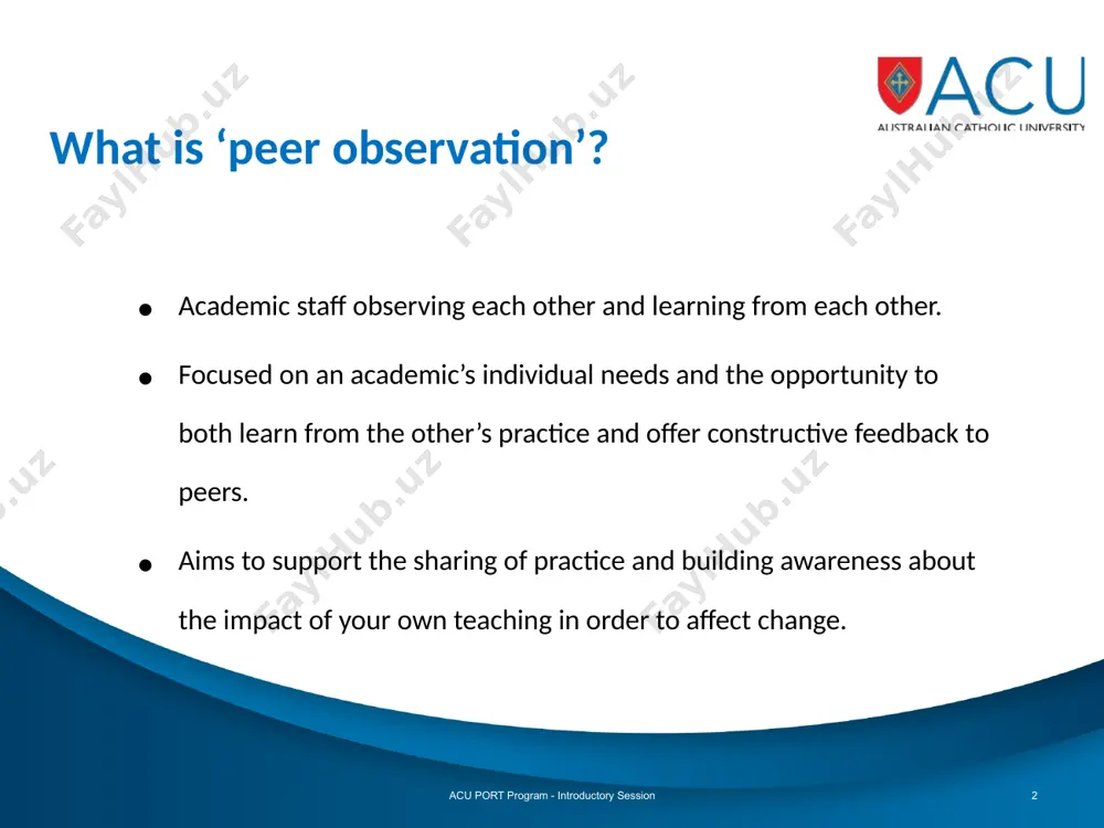 o student learning – in this way the confronting nature of port may not be as intense as first thought. port aims to … be a scholarly process; to engender group and individual reflection on teaching; provide genuine peer-to-peer dialogue; emphasise development and collective responsibility; be supportive; avoid issues of duality (good/bad, praising/fault-finding); allow for team reflection but also individual confidentiality; involve minimal paperwork; and enable the dissemination of good practice. acu port program - introductory session 4 9 december 2016 4 scholarly process – backed up by extensive research on its effectiveness (see articles in the back of the participant manual group and individual reflection - process allows for both (3 ringed circus approach as well as debrief session at end of process) genuine peer-to-peer dialogue – dialogue only occurs with a peer. determining who is your peer is therefore critical (see manual). development and collective responsibility – acu’s …