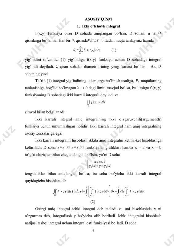 lab olish usuliga bog’liq emas. bu limitni f (x, y) funksiyaning d soha bo’yicha olingan ikki o’lchovli integrali deyiladi va quyidagicha belgilanadi: yo’ki , ya’ni , bu yerda d soha integrallash sohasi deyiladi. agar bo’lsa, f (x, y) funksiyaning d soha bo’yicha olingan ikki o’lchovli integrali z= f (x, y) sirt, z=0 tekislik va yasovchisi oz o’qiga parallel, yo’naltiruvchisi esa d sohaning chegarasidan iborat bo’lgan silindrik sirt bilan chegaralangan jismning hajmi q ga tengdir (3-rasm) endi ikki o’lchovli integral haqidagi quyidagi teoremalarni ko’rib chiqamiz. 2-teorema. ikki funksiya yig’indisi ning d soha bo’yi- cha olingan ikki o’lchovli integrala ularning har biridan shu d soha bo’yicha ayrim olingan ikki o’lchovli integrallar yig’indisiga teng: 3-teorema. o’zgarmas ko’paytuvchini ikki o’lchovli integral belgisining oldiga chiqarish mumkin: agar a const bo’lsa, u holda: bu ikkala teoremaning isboti, aniq integralga tegishli moc teoremalarning isbotiga o’xshashdir . 4-teorema. agar d soha ikki umumiy nuqtalarga ega bo’lmagan ikkita va …