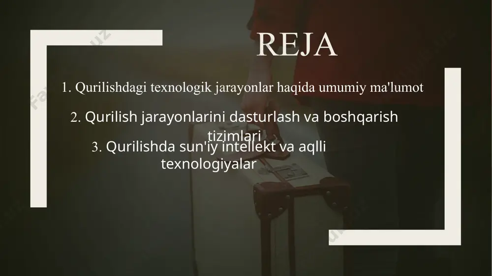 da jarayonlarni optimallashtirish, samarali boshqarish va resurslarni oqilona taqsimlash uchun ishlatiladigan dasturiy ta'minot va texnologiyalardir. ular qurilishning vaqt, xarajat, sifat va xavfsizlik kabi muhim jihatlarini boshqarishni osonlashtiradi. qurilish jarayonlarini dasturlash va boshqarish tizimlari qurilish jarayonlarini dasturlash va boshqarish tizimlari qurilish jarayonlarini boshqarishning birinchi bosqichi — bu loyihalash va rejalashtirish. bu jarayonni samarali boshqarish uchun quyidagi dasturlar va vositalar ishlatiladi: gantt diagrammasi: loyihani rejalashtirish va boshqarish uchun eng mashhur vositalardan biridir. gantt diagrammasi yordamida qurilishning barcha bosqichlari va ularning bajarilish muddatlari tasvirlanadi. bu tizim loyihaning turli qismlarining bir-biri bilan bog'lanishini ko'rsatishga yordam beradi. qurilish jarayonlarini dasturlash va boshqarish tizimlari pert (program evaluation and review technique): pert diagrammasi yordamida loyiha vazifalarining vaqtini hisoblash va ularni samarali rejalashtirish mumkin. microsoft project: bu dastur yordamida loyiha boshqaruvchilari vaqtni, resurslarni va byudjetni rejalashtirishda ishlatiladi. u gantt diagrammasi va pert diagrammalarini yaratishda keng qo'llaniladi. qurilishda sun'iy intellekt va aqlli texnologiyalar sun'iy intellekt (si) va aqlli texnologiyalar …