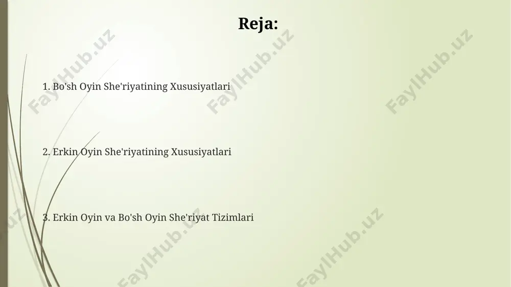 rivojiga katta ta'sir ko'rsatdi, yangi avlod shoirlariga ilhom berdi. oybekning 20-30 yillardagi she'rlari erkin oyat uslubining dastlabki namunalaridan bo'lib, zamonaviy adabiyotga yangi imkoniyatlar olib kirdi. erkin oybek she'riyatining tarixiy kelib chiqishi oybek sheʼriyatida badiiy vositalar, jumladan, metafora va epitetlarning keng qoʻllanilishi uning ijodiy uslubining oʻziga xos xususiyatidir. uning sheʼrlarida romantisism va realizm uslublari uygʻunlashib, milliy anʼanalar bilan zamonaviy gʻoyalarni aks ettiradi. erkin oybekning sheʼriyati 20-asrning 20-30-yillarida shakllangan boʻlib, ijtimoiy-siyosiy mavzulardagi asarlari bilan ajralib turadi. bo'sh oybek she'riyatining xususiyatlari oybekning blank she'rlarida 5-6 o'rniga 7-8 bo'g'inli misralar ko'proq uchrab, o'ziga xos ritmik tuzilmani yaratgan. uning she'riyatida o'zbek xalq og'zaki ijodining badiiy vositalari, masalan, taqqoslash va metafora, keng qo'llanilgan. bo'sh she'rlarida oybek 2-3 qatorlik qisqa, ammo mazmunli misralardan foydalanib, obrazlilik va his-tuyg'ularni ifodalashga ustunlik bergan. erkin oybek va bo'sh oybekda ritim va qofiyaning rol bo'sh she'rlarida, oybekning asarlarida, sintaksisning o'ziga xos ritmik tuzilishi va intonatsion pauzalar orqali 7-10 bo'g'inli misralar hosil bo'ladi. …