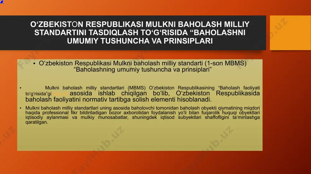 ashinalari uchun dasturlar va ma’lumotlar bazalari; ixtirolar, foydali modellar, sanoat namunalari; seleksiya yutuqlari; oshkor etilmagan axborot, shu jumladan ishlab chiqarish sirlari (nou-xau); 2) fuqarolik muomalasi qatnashchilari, tovarlar, ishlar va xizmatlarni shaxsiylashtirish vositalari: firma nomlari; tovar belgilari (xizmat ko‘rsatish belgilari); tovar chiqarilgan joylar nomlari; 3) qonun hujjatlarida nazarda tutilgan hollarda boshqa intellektual faoliyat natijalari va fuqarolik muomalasi qatnashchilari, tovarlar, ishlar va xizmatlarni shaxsiylashtirish vositalari. ashyoviy huquqlar (mulk huquqi) ashyoviy huquqlarga ko‘char va ko‘chmas mulkka bo‘lgan huquqlar, shu jumladan: mulk huquqi; xo‘jalik yuritish huquqi, operativ boshqarish huquqi, ishonchli boshqarish huquqi, merosga umrbod egalik qilish huquqi, doimiy (muddatsiz) foydalanish huquqi, ijara, ipoteka, servitutlar kiradi. ko‘chmas mulkka huquqlar baholash maqsadi uchun faqat ularning yuzaga kelishi, boshqa shaxsga o‘tishi va bekor qilinishi davlat ro‘yxatidan o‘tishi sharti bilan tan olinadi. ko‘char ashyolarga huquqlarni davlat ro‘yxatidan o‘tkazish talab etilmaydi, qonun hujjatlarida maxsus belgilangan hollar bundan mustasno. majburiyatlar shartnomadan kelib chiqqan holda, zarar yetkazilganligi oqibatida yoki fuqarolik qonunchiligida …