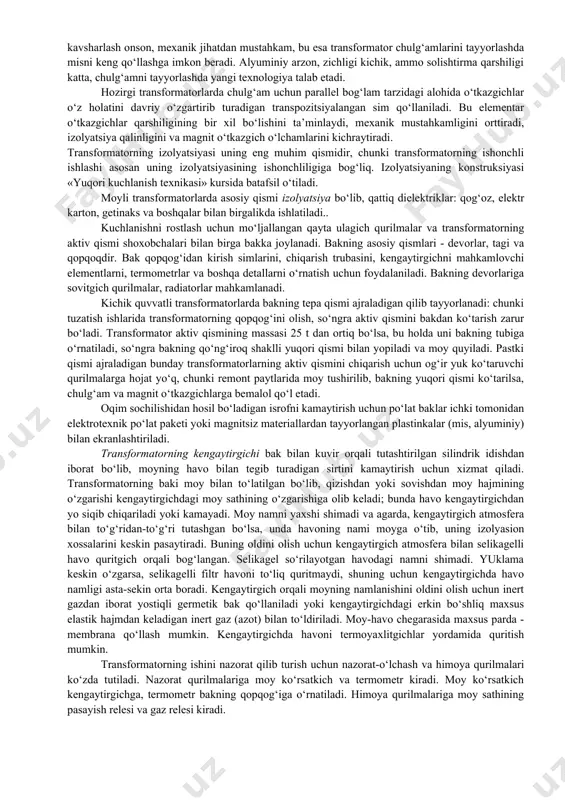 g tomoniga uning ulanish guruhi yoziladi. chulg‘amlarning nol nuqtasini chiqarib, yulduz sxemasida ulash chulg‘am neytrali erga tutashtirilishi zarur bo‘lgan holda qo‘llaniladi. yuk chulg‘ami 330 kv va undan yuqori kuchlanishli transformatorlar va hamma avtotransformatorlarda yuk chulg‘amlari neytralini erga samarali tutashtirnsh shart. 110, 150 va 220 kv li tizimlar ham neytrali erga samarali tutashtirilgan holda ishlaydi, biroq bir fazali qisqa tutashuv tokini kamaytirish uchun transformatorlar neytralining bir qismi erga ulanmaydi. chunki, chiqarilgan nol simlar izolyatsiyasi, odatda, to‘la kuchlanishga hisoblanmaydi, shuning uchun neytrali erga ulanmagan ish rejimida hosil bo‘lishi ehtimoli bor o‘takuchlanishlarni transformatorning nol nuqtasiga ventilli razryadniklarni biriktirish yo‘li bilan kamaytirish mumkin (8.2-rasm). shuningdek, to‘rt simli 380/220 va 220/127 v tarmoqlarni ta’minlovchi transformatorlarning ikkilamchi chulg‘amidagi neytral ham erga tutashtiriladi. 10-35 kv li kuchlanishdagi chulg‘amlar neytrali erga ulanmaydi yoki sig‘im toklarini kompensatsiya kilish uchun yoy so‘ndiruvchi g‘altak orqali erga ulanadi. kuch transformatorlari va avtotransformatorlarning asosiy texnik ma’lumotlari, ularning ulanish guruhlari sxemalari amaldagi standartlar bilan …