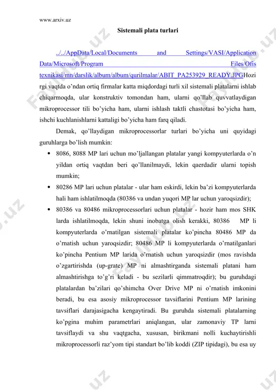 rocessorli raz’yom bilan va ikkinchi darajali kesh-xotiraning yo’qligi bilan farq qilib, ular bevosita pentium pro mp ning platasida integraciya qilingan. bu guruhdagi juda yuqori sifatli sistemali platalarni quyidagi firmalar chiqarmoqdalar: ibm, compaq, intel, asustek, mylex corp., fic, giga byte, micronic computers, advenced integration research va b.; • pentium mmx i pentium pro mp lari uchun platalar, u pentium va pentium pro mp larining platalaridan, ikkita alohida manba kuchlanishlari (2,8 v va 3,3 v) bilan, o’zgartirilgan processorli raz’yomning borligi bilan (shu bilan birga, pentium mmx mikroprocessori uchun u pentium ii mikroprocessorinikiga qaraganda boshqacharoq) va mmx ni qo’llovchi maxsus bios mikrosxemasining borligi bilan farq qiladi. hozirdayoq bu guruhning o’ndan ortiq sistemali platalari ishlab chiqilgan (intel firmasini platalari: ts430nx, te430vx, cu430hx, nv430vx; asus tx97-x, fic rak-2110 va b.); rossiyada pentium mmx mp lari intel firmasining ts430nx platasi (jargonli koni tucson), soyo computer inc firmasining sy-st, 5v va 5e platalari bor. pentium ii mikroprocessorlari …