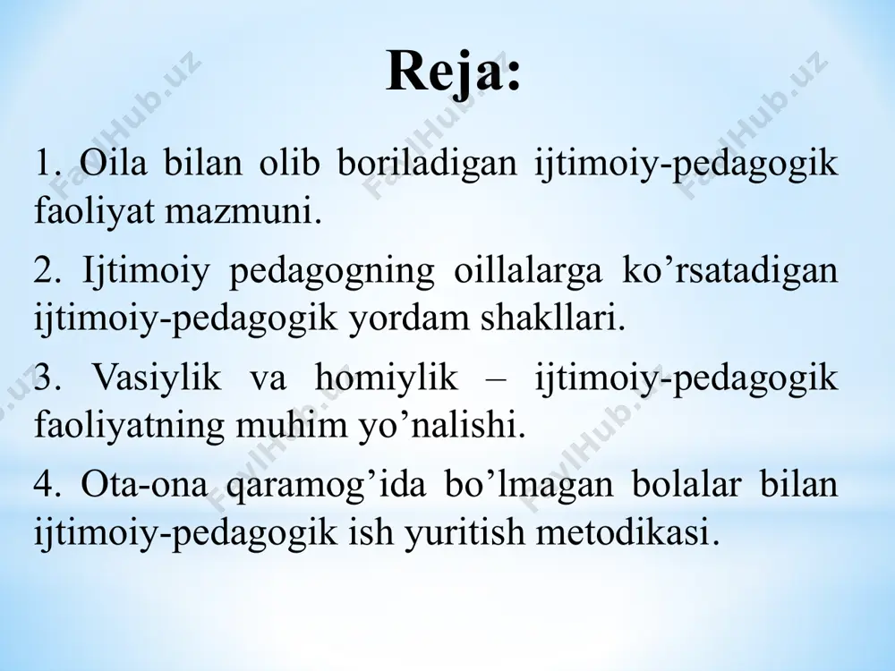 bilan ijtimoiy-pedagogik ish olti bosqichda amalga oshiriladi: 1) oilani qidirish; 2) ota-onalarni o’rganish; 3) oilaga tashrif buyurish;4) oila muhitini o’rganish; 5) ta’limiy-ma’rifiy faoliyat; 6) yuqori darajadagi ma’rifiy savodxonlik. 10. mehribonlik uylarining asosiy vazifalariga bola uchun qulay sharoit yaratish; salomatligini asrash; moslashuvni ta’minlash; huquqiy himoyalash; ta’lim olishini ta’minlash; ma’naviy-axloqiy tarbiyalash; hayotiy maqsadlarni shakllantirish va o’z-o’zini rivojlantirishga yo’naltirish. jamiyatda oilaning roli o’zining kuchi bo’yicha boshqa qech bir ijtimoiy institutlar bilan tenglashtirib bo’lmaydi. aynan olada insonning shaxsi shakllanadi va rivojlanadi; bola jamiyatda qiyinchiliksiz moslashib ketishi uchun u ijtimoiy vazifalarni egallaydi. oila birinchi tarbiyaviy institut sifatida ishtirok etadi, u bilan boqliqlikni inson o’zining butun hayoti davomida qis etadi. oilada insonning ma’naviyligiga asos solinadi, qulqiy qoidalari yuzaga keltiriladi, shaxsning ichki dunyosi va individual siftlari ochib beriladi. hamma davrlarda qam oila o’zining bolalarni tarbiyalashda yordam olishga talabni xis etgan. tarixning ko’rsatishicha odamlar katta oilalar bilan yashaganlarida oilaviy hayotning zarur bo’lgan bilim va ko’nikmalari avloddan avlodga tabiiy …