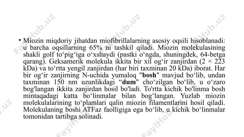 nallaridir. ca2+ ionlari sprni tark etib, sarkoplazmaga kiradi, bu yerda ca2+ kontsentratsiyasi tez ortib boradi, bu esa miofibrillarning (b) qisqarishini keltirib chiqaradi. yurak mushaklarining qisqarishi xuddi shunday sxema bo'yicha sodir bo'ladi, faqat qisqarish boshlanadigan ca2 + ning hujayra ichidagi kontsentratsiyasi ca2 + ning hujayradan tashqari konsentratsiyasiga ko'proq bog'liq. silliq mushaklarda ca2+ ionlari boshqa vazifani bajaradi. bu hujayralar, skelet mushaklaridan farqli o'laroq, troponinga ega emas. shuning uchun aktin/miozin tizimi ca2+ ni bog'laydigan kaldesmon oqsili vositachiligi yoki miyozinning kichik bo'linmalarining fosforillanishi orqali faollashadi. mushaklarning bo'shashishi kaltsiy kontsentratsiyasi 10-6 mol / l dan pastga tushganda sodir bo'ladi. bunga ca2+ ni sr (222-bet) va hujayradan tashqari bo'shliqqa pompalaydigan atpga bog'liq kaltsiy pompasi yordam beradi. bu jarayonda na+/ca2+ antiport tizimi ham ma’lum rol o‘ynaydi. bu jarayonlarning barchasi bevosita yoki bilvosita atpning parchalanishiga bog'liq (418-bet). kaltsiy ionlari bilan tartibga solinishi bo'shashgan skelet mushaklarida troponin-tropomiyozin kompleksi miyozin boshlari va aktin filamentlari o'rtasidagi aloqani oldini oladi (350-bet). troponin …