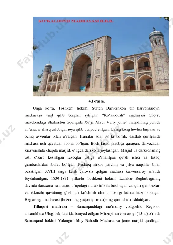 avatdan iborat bo‘lgan. bosh fasad janubga qaragan, darvozadan kiraverishda chapda masjid, o‘ngda darsxona joylashgan. masjid va darsxonaning usti o‘zaro kesishgan ravoqlar ustiga o‘rnatilgan qo‘sh ichki va tashqi gumbazlardan iborat bo‘lgan. peshtoq sirkor parchin va jilva naqshlar bilan bezatilgan. xviii asrga kelib qarovsiz qolgan madrasa karvonsaroy sifatida foydalanilgan. 1830-1831 yillarda toshkent hokimi lashkar beglarbegining davrida darsxona va masjid o‘ngidagi nurab to‘kila boshlagan zangori gumbazlari va ikkinchi qavatning g‘ishtlari ko‘chirib olinib, hozirgi kunda buzilib ketgan beglarbegi madrasasi (bozorning yuqori qismida)ning qurilishida ishlatilgan. tillaqori madrasa – samarqanddagi meʼmoriy yodgorlik. registon ansamblitsa ulugʻbek davrida bunyod etilgan mirzoyi karvonsaroyi (15-a.) oʻrnida samarqand hokimi yalangtoʻshbiy bahodir madrasa va jome masjid qurdirgan (1641—46). karvonsaroy asosi ustiga madrasa (shim. sharqiy qismida), hujralar oʻrnida peshtoq gumbazli masjid (gʻarbida) joylashgan. dastlab “yalangtoʻshbiy kichik madrasasi” deb nomlangan. keyinchalik masjid bezagida boshqa bir obida qurilishiga еtadigan miqdorda oltin sarflangani uchun “tillakori” (tilladan ishlov berilgan) deb yuritila boshlagan. t.m.dan shahar jome masjvdi va …