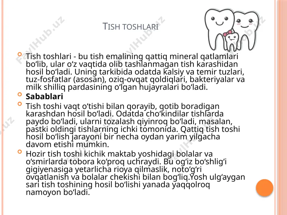 rchasi kengayadi. 4.parodontit: tish atrofidagi to‘qimalarning yallig‘lanishi. qoramtir dog‘lar: odatda milklar asosida. 5.kariyes: toshdagi bakteriyalar emalni zararlaydi. 6.milklar atrofiyasi: milklar so‘rilib ketadi va tishni yomon ushlab turadi. 7.gingivit: milklar yallig‘lanishi, og‘riq va qon ketish bilan kechadi. oldini olish 1. tishlarni kuniga ikki marta (nonushtadan keyin va uxlashdan oldin) tozalash. tish cho‘tkalarini har 2-3 oyda almashtiring, o‘rtacha qattiqlikdagi cho‘tkalarni afzal ko‘ring. 2. sifatli tish pastalaridan foydalanish. tishlar orasidagi bo‘shliqlarni tozalash uchun har kuni tish ipidan foydalanish. 3.ovqatdan keyin shakarsiz saqichni chaynash. 4.chekishdan voz kechish. 5.qattiq mahsulotlar, ho‘l sabzavot va mevalarni ko‘proq iste’mol qilish. 6.shirin va gazlangan ichimliklar iste’molini kamaytirish. 7.stomatologga har yili tashrif buyurish va kariyes va og‘iz bo‘shlig‘ining boshqa kasalliklarini o‘z vaqtida davolash. tish kariyesi – tish qattiq toʻqimasining deminerilatsiyasi va yemirilishi boʻlib, bunda tishda boʻshliq hosil boʻladi. tishning emal qavatida pigmentli sargʻish-jigarrang dogʻ​, ogʻizdan keladigan noxush hid, shirin, shoʻr, achchiq, sovuq yoki issiq mahsulotlar isteʼmol qilganda ogʻriq boʻlishi bilan …