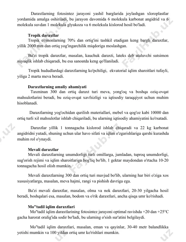 axti, lateks deb ataluvchi sutsimon suyuqlik ishlab chiqaradi, bu esa sanoatda keng qo'llaniladi. tropik hududlardagi daraxtlarning ko'pchiligi, ekvatorial iqlim sharoitlari tufayli, yiliga 2 marta meva beradi. daraxtlarning amaliy ahamiyati taxminan 300 dan ortiq daraxt turi meva, yong'oq va boshqa oziq-ovqat mahsulotlarini beradi, bu oziq-ovqat xavfsizligi va iqtisodiy taraqqiyot uchun muhim hisoblanadi. daraxtlarning yog'ochidan qurilish materiallari, mebel va qog'oz kabi 10000 dan ortiq turli xil mahsulotlar ishlab chiqariladi, bu ularning iqtisodiy ahamiyatini ko'rsatadi. daraxtlar yillik 1 tonnagacha kislorod ishlab chiqaradi va 22 kg karbonat angidridni yutadi, shuning uchun ular havo sifati va iqlim o'zgarishlariga qarshi kurashda muhim rol o'ynaydi. mevali daraxtlar mevali daraxtlarning unumdorligi turli omillarga, jumladan, tuproq unumdorligi, sug'orish rejimi va iqlim sharoitlariga bog'liq bo'lib, 1 gektar maydondan o'rtacha 10-20 tonnagacha hosil olish mumkin. mevali daraxtlarning 300 dan ortiq turi mavjud bo'lib, ularning har biri o'ziga xos xususiyatlarga, masalan, meva hajmi, rangi va pishish davriga ega. ba'zi mevali daraxtlar, masalan, …