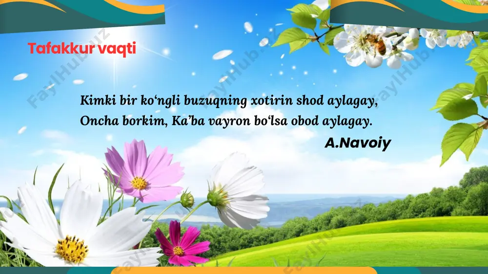 nlar soniga qarab turlarga bo'linadi (masalan, yetti bo‘g‘inli, sakkiz bo‘g‘inli va hokazo). qofiya ham barmoq she’rlarida muhim ahamiyatga ega. 2. aruz vazni: bu arab she’riyatidan o‘zlashgan bo‘lib, bo‘g‘inlar soni emas, balki uzun va qisqa bo‘g‘inlarning ma’lum tartibda kelishiga asoslanadi. aruzning turli bahrlari mavjud bo‘lib, har bir bahr o‘ziga xos ritmga ega. mumtoz o‘zbek adabiyotida aruz vaznida ko'plab she’rlar yaratilgan. masallarning asosiy maqsadi o'rgatishdir. ular axloqiy yoki etik saboqlarni keltirib chiqaradi, masalan, mehnatning qadri, haqiqatni aytish, yoki g'ayrat va sabr-toqatni qadrlash o'rgatish: masallarning asosiy xususiyatlari: masallarda odatda hayvonlar, qushlar, baliqlar va boshqa tabiatdagi mavjudotlar insonlarga o'xshab gapiradilar. ular kishilarga xos xatti-harakatlarni ko'rsatadi. hayvonlarning gaplashishi: sodda tuzilish: masallar qisqa va sodda bo'ladi, shuning uchun ular oson tushuniladi. hamma voqealar aniq va to'liq bo'lmaydi, lekin ularning maqsadi biror ahamiyatli g'oya yoki dars berishdir. lirik she’rni o‘qish va tahlil qilish o‘qituvchidan katta mahorat talab qiladi. holbuki, ko‘p hollarda she’rga oddiy matn nuqtai naza­ridan yondashiladi. …