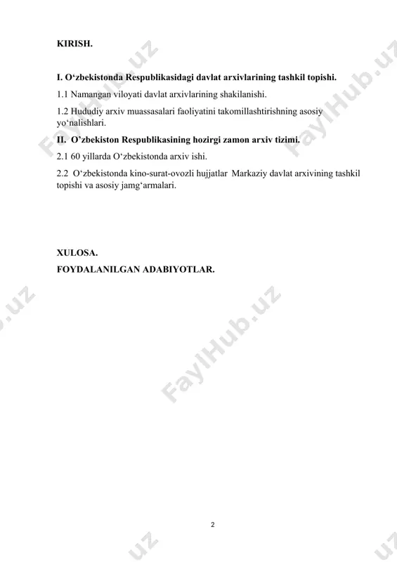 shga,tarixiy faktlarga xolis yondoshish hamda mahalliy xalqning milliy qadryatlarining to’g’ri talqin qilishga davr siyosati imkon bermagan. uchinchidan, mustaqillik davrining dolzarb vazifalari arxiv idoralarining ijtimoiy funksiyalarini qayta baholash zaruriyatini keltirib chiqardi. bugungi kunda arxivlarning xalqimiz madaniy mersoni saqlovchi ma’naviy boylik markazi sifatida o’rganilishi, ularning davlat hamda jamiyat hayotidagi ahamiyatini tushunib yetish va ko’rsatib berish dolzarb masalalardan biri hisoblanadi. hozirda arxiv muassasalarini millat ma’naviy potensialini oshirishning yetakchi dastagi hamda ma’naviy axloqiy takomilashuvi kalitlaridan biri sifatida safarbar qilingan. shu ma’noda birinchi prezidentimiz islom karimov asosli ravishda takidlaganidek “modomiki o’z tarixini bilgan,undan quvvat oladigon xalqni yengib bo’lmas ekan. biz haqqoniy tariximizni tiklashimiz, xalqimizni, millatimizni anashu tarix bilan qurollantirishimiz zarur”. o’zbekiston respublikasining mustaqillik sharoitida jamiyatning barcha sohalarida, jumladan, arxiv ishi sohasida ham tubdan farq qiladigon islohotlar amalga oshirilmoqda. xususan ushbu davrda o’zbekistonda arxiv ishini tashkil etish,boshqarish, arxiv hujjatlarini jamlash, butlash, ularni saqlash, hujjatlardan foydalanishni tashkillashtirish va boshqa bir qator ishlar tartib-qoidalarni o’zida aks ettirgan, qonunlar …