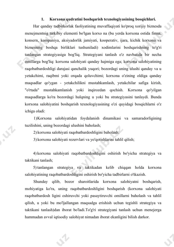 alohiyati raqobatbardosh ligini oshiruvchi yoki pasaytiruvchi omillarni baholash va tahlil qilish, u yoki bu mo'ljallangan maqsadga erishish uchun tegishli strategiya va taktikani tanlash)dan iborat bo'ladi.to'g'ri strategiyani tanlash uchun menejerga hammadan avval iqtisodiy salohiyat nimadan iborat ekanligini bilish darkor. har qanday korxonaning iqtisodiy salohiyati - bu korxona ixtiyorida bo'lgan resurslar (mehnat, moddiy, nomoddiy, moliyaviy va boshqalar)ning majmuasi va uning xodimlari va menejerlarining tovarlar, xizmatlarni yaratish va kattaroq daromad olish maqsadida resurslardan foydalanish qobiliyatidir. korxonaning iqtisodiy salohiyati to'rtta asosiy alomatlar bilan ta'rif-lanadi. birinchi alomat. korxonaning iqtisodiy salohiyati - uning iqtisodiy faoliyatning u yoki bu sohasidagi haqiqiy imkoniyatlari bidan belgilanadi. buning ustiga nafaqat amalga oshirilgan, balki qandaydir sabablar bo'yicha amalga oshirilmagan imkoniyatlar ham. ikkinchi alomat. har qanday korxo naning imkoniyatlar ko'proq unda mavjud bo'lgan resurslar va ishlab chiqarishda ishga tushirilmagan rezervlar (iqtisodiy, sotsial)ga bog'liq. shuning uchun korxonaning salohiyati yana ham ishlab chiqarishga jalb qilingan va ham jalb qilinmagan, ammo unda foydalanish uchun tayyorlangan …