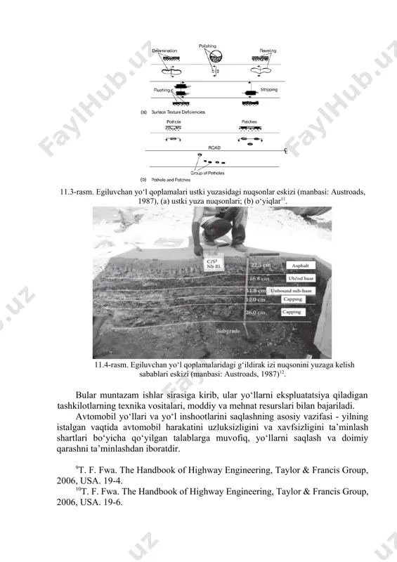 06, usa. 196. 11t. f. fwa. the handbook of highway engineering, taylor & francis group, 2006, usa. 199. 12athanassios nikolaides. thighway engineeringhe, pavements, materials and control of quality, taylor & francis group, 2015, usa. 651. avtomobil yo‘lagi barcha elementlarni va sun’iy inshootlarni, yo‘lning qatnov qismini, yo‘l poyini hamda yo‘l mintaqasida saqlash ishlarini tashkil qilish ishlari ikki guruhga bo‘linadi. bunday uchastkalarga oz miqdorda (0,1 ÷ 0,2 l/m2) organik eritmalar (kerosin, solyarka, moy) bilan ishlov berib, ketidan mayda tosh yoki yirik qum sepiladi va 0,5 soatdan keyin mashina bilan supirib tashlanadi.kuzda turli qoplamali yo‘l to‘shamalarini saqlash ishlari qishga tayyorgarlik ishlaridan iborat bo‘ladi: qoplama tozalanib, yoriqlar berkitiladi va qoplama yuzasidagi suvlarning oqib ketishi bo‘yicha choralar ko‘riladi. qoplamani loydan tozalash bahor, yoz va kuzda muntazam bajariladi. yo‘lning qatnov qismini loy bo‘lishi, ilashish koeffitsientini pasaytiradi. chuqurchalarda qolgan loy qurib, chang hosil qiladi. qoplamani yeyilishi natijasida ham chang hosil bo‘ladi. changga qarshi bog‘lovchi materiallar sepiladi. keyingi …