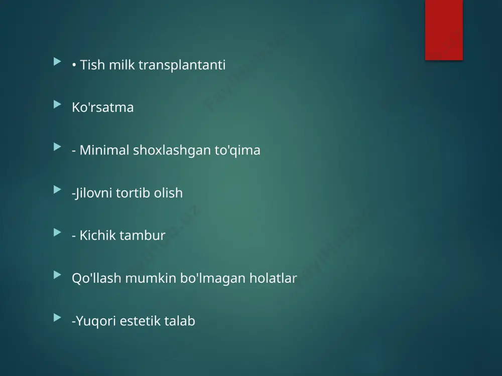 enning normal balandligidagi bukkolingual yo'qotish -sinf ii → grebenning normal kengligi bilan apikokoronal yo'qotish -sinf iii → bukkolingual va apikokoronal yo'qotish л rasm. operatsiya bosqichlari jarayon qo’shimcha transplantant bilan grebenni kattalashtirish subepitelial keratinlashtirilgan transplantant grebenini kattalashtirish ustunlik -grebenning vertikal o’lchami kattalashdi - ktning oshishi -transplantantning vaskulyar oshishi - tanglaydagi mayda yara - ranglarni moslashishi kamchiliklari -bir nechta operatsiyalarni talab qilishi mumkin -transplantant uchun qon ta'minoti kamayadi -rang mos kelmasligi - operatsiyadan keyingi og'riqni kuchayishi -texnik jihatdan qiyinligi - alveolyar greben balandligining kamroq oshishi ildizning yopilishi • ildizni yopish ko'rsatmalari: estetik muammolar, progressiv retsessiya va giper sezuvchanlik. • ildiz qoplamini davolash prognozini yomonlashtiradigan omillar o bemor: og'iz gigienasining yomonligi, shikastlab tishlarni tozalash, chekuvchi o tish: noto’g;ri joylashuvi, sayoz old tomon, ochilgan ildizning kariesi yoki chuqurchasi, pastki tish osti suyagi/so’rg’ich, ingichka loskut va shoxlashgan to'qimalarning yetishmasligi o texnikasi: transplantant bo'sh tortilgan, operator mahorati, milk chekkasi holati, qon bilan yetarli darajada ta'minlanmaganligi, retsipient …