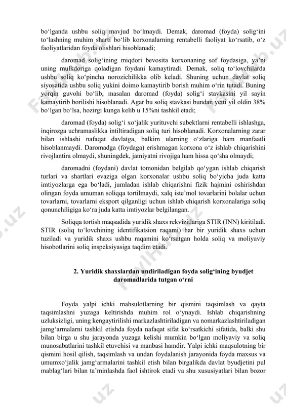 hsulot ishlab chiqarishga va byudjet daromadlarini oshirishga qulay shart-sharoit yaratmoqda. to‘rtinchidan, foyda solig‘ini kelajakda korxona daromadidan olinadigan soliq bilan birlashtirish imkonyatlari ular tamonidan qo‘lga kiritilishi mumkin bo‘lgan iqtisodiy ko‘rsatkichlarning oʻsishiga bog‘liq, chunki bunday soliq munosabatlarini yuzaga keltirish orqali ishlab chiqarish va xizmat ko‘rsatish sohalarida sifat o‘zgarishlarining ijobiy tomonga siljitilishiga erishish mumkin bo‘ladi. foyda solig‘i korxonalar toʻlaydigan bevosita (to‘g‘ri) soliqlarning eng muhimlaridan biri hisoblanadi. ushbu soliqning harakterli xususiyatlari quyidagilardan iborat: ushbu soliq faqatgina korxona soliqqa tortiladigan daromadga (foydaga) ega bo‘lsagina hisoblanadi, korxonaning zarari soliqqa tortiladigan bazadan kichik bo‘lganda ushbu soliq mavjud boʻlmaydi. demak, daromad (foyda) solig‘ini to‘lashning muhim sharti bo‘lib korxonalarning rentabelli faoliyat ko‘rsatib, o‘z faoliyatlaridan foyda olishlari hisoblanadi; daromad solig‘ining miqdori bevosita korxonaning sof foydasiga, ya’ni uning mulkdoriga qoladigan foydani kamaytiradi. demak, soliq to‘lovchilarda ushbu soliq ko‘pincha norozichilikka olib keladi. shuning uchun davlat soliq siyosatida ushbu soliq yukini doimo kamaytirib borish muhim oʻrin tutadi. buning yorqin guvohi bo‘lib, masalan daromad …