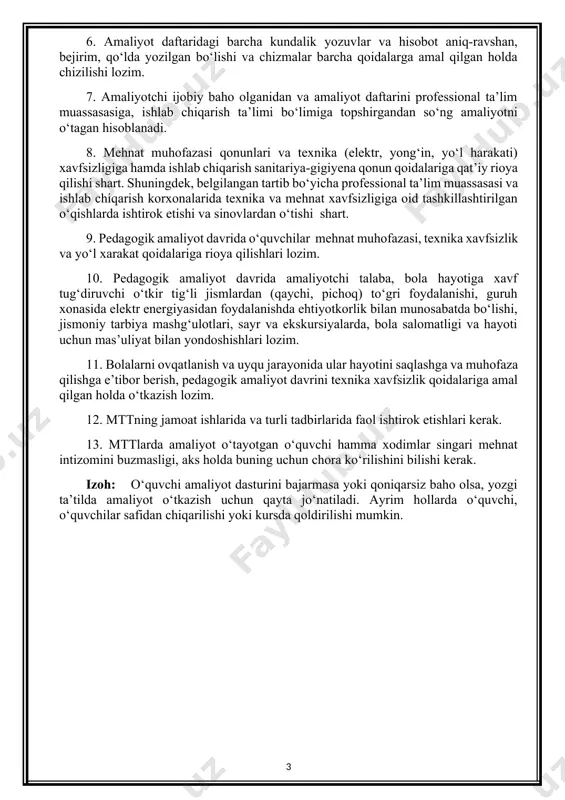 baning f.i.o) malakaviy pedagogik amaliyoti bo‘yicha amaliyot kundaligi amaliyot rahbarlari: universitetdan:_______________________________________________________________ (lavozimi f.i.o) qabul qiluvchi tashkilot (muassasa) dan: _____________________________________________________________________________ (lavozimi f.i.o) amaliyot davomiyligi________________________________________________ talabaning malakaviy amaliyot kundaligi otm o‘quv-uslubiy kengashining 20___ yil_______ ____________________________ dagi _________ -sonli yig‘ilishida muhokama qilingan va tasdiqlangan. amaliyot o‘tash joyi: _____________________________________________________viloyat (shahar) ____________________________________________________________ tumani _____________________________________________________________________________ (qabul qiluvchi tashkilot (muassasa) nomi) _____________________________________________________________________________ amaliyotning boshlanishi: _______________________________ 202______ yil. amaliyotning tugashi: _______________________________ 202______ yil. asos: 1. qo‘qon universitetining ___________202______ yildagi № _________ -sonli buyrug‘i; 2. qabul qiluvchi tashkilot (muassasa) ning_________________________________________________________________________________________________________________________________ maktabgacha ta’lim tashkilotida kun tartibi va ta’limiy o‘yin faoliyatini kuzatish savolliklari. “ertalabki davrani” rejalashtirish va kuzatish savolliklari: * ertalabki qabul. * bolalar bilan suhbat. *o‘yin. * ertalabki badan tarbiya. 1. tarbiyachi tomonidan bolalarni kutib olinish, kiyinishi, tozaligi, muomalasi: 2. bolalarni qabul qilishda ularning o‘ziga xos hususiyatlari: bolalar ruhiyatiga e’tibor berilishi. 3. qabul jarayonida shifokor, hamshiraning ishtiroki; 4. bolalar bilan suhbat jarayonini tashkillanishi,suhbat mavzularining tanlanganligi (suratli kitoblar, fotoal’bomlar ko‘rish); 5. …