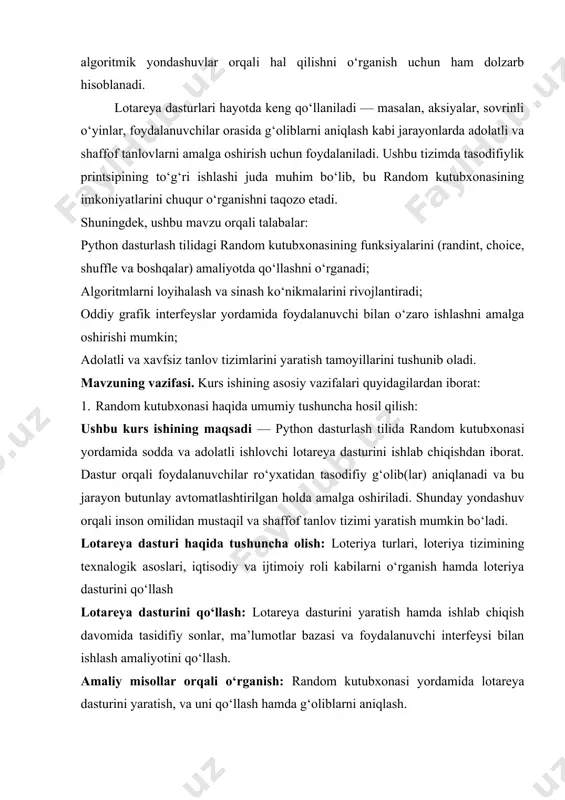 n 1.0 yoki undan avvalgi versiyalarda mavjud bo‘lgan. aniq sanasi haqida ma’lumotlar mavjud emas, ammo python dasturining dastlabki versiyalarida mavjud bo‘lganligi taxmin qilinadi. pythondagi random kutubxonasi — bu tasodifiy sonlar, elementlar yoki ketma-ketliklar bilan ishlash uchun ishlatiladi. u deterministik (pseudo-random) generatorlardan foydalanadi. python dasturi yaratilganidan beri mavjud. to‘liq holatda python 1.0 (1994-yil) bilan birga kiritilgan. asoschisi — guido van rossum. pythonning standart kutubxonalariga kiradi, qo‘shimcha o‘rnatish shart emas[3]. random kutubxonasining asosiy funksiyalari 1. random() 0.0 dan 1.0 gacha bo‘lgan tasodifiy float son qaytaradi. mport random print(random.random()) # masalan: 0.3743 2. randint(a, b) a va b oralig‘idagi butun sonni qaytaradi (ikkalasi ham kiradi). print(random.randint(1, 10)) # masalan: 7 3. uniform(a, b) a va b oralig‘idagi tasodifiy float son qaytaradi. print(random.uniform(1.5, 5.5)) # masalan: 3.72 4. choice(sequence) berilgan ro‘yxatdan (yoki boshqa ketma-ketlikdan) bitta tasodifiy elementni tanlaydi. names = [‘ali’, ‘vali’, ‘sami’] print(random.choice(names)) # masalan: vali 5. shuffle(list) ro‘yxat elementlarini joyini tasodifiy almashtiradi …