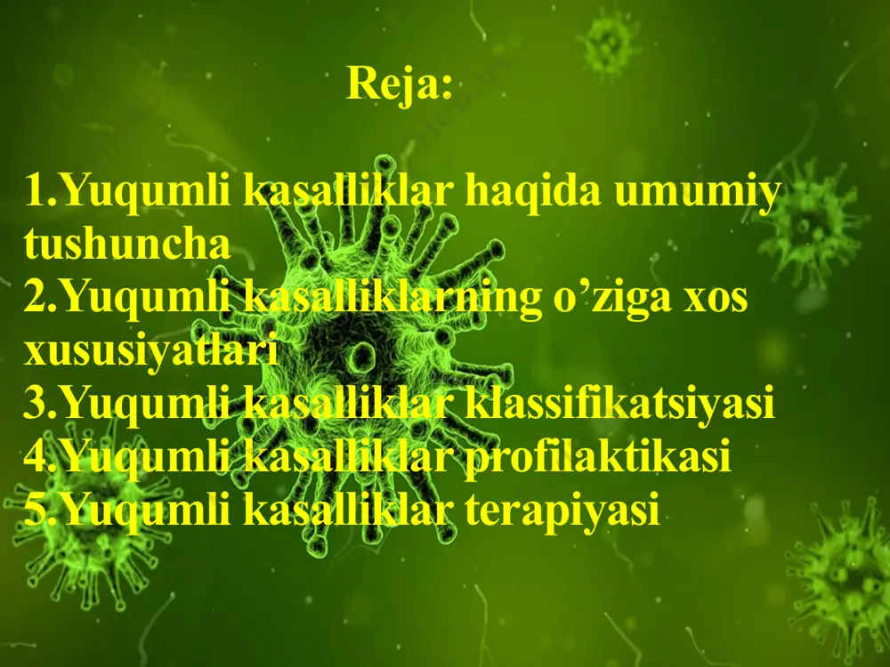 infeksiyalar farqlanadi. manifest infeksiya yengil, o‘rta va og‘ir ko‘rinishlarda kechishi mumkin.bu infeksiya ko‘p hollarda ijobiy yakunlanadi(bemor sog’ayadi). 2. subklinik (uncha bilinmaydigan) infeksiya – bu aniq klinik ko‘rinishga ega bo‘lmagan kasallik ko‘rinishidir. bunday vaqtda kasallikni aniqlash juda qiyin kechadi, bu esa kasallikning uzoq vaqt cho‘zilib ketishiga sabab bo‘ladi. infeksiyaning bu shakli juda muhim epidemiologik ahamiyatga ega. chunki bunda bemor kasallik manbai sifatida mehnat qobiliyatini saqlagan holda infeksiya tarqatib yuradi. 3. inapparant(belgilarsiz) infeksiya – kasallikning klinik belgilarsiz kechadigan shaklidir. faqat ular kasallikka xos bo‘lgan qo‘shimcha immunologik(bunda spetsifik antitelolarning oshishi kuzatiladi) va boshqa laboratoriya tahlillarining o‘zgarishlari asosidagina aniqlanishi mumkin. 4. autoinfeksiya (endogen) – organizmning asosiy vazifalarini boshqarib turgan fiziologik mexanizmlar (immunitet, almashinuv jarayonlari va b.)ning buzilishi natijasida rivojlanadigan kasallik. 5. latent infeksiya – uzoq (6 oydan ortiq) davom etadigan yuqumli kasallik bo‘lib, ko‘pincha ijobiy natija bilan yakunlanadi. bu kuchsiz immun javobiga ega bo‘lgan kishilar organizmida uchraydi. uzoq cho‘ziladigan kasallikning shakllanishidagi asosiy sabablardan biri– …