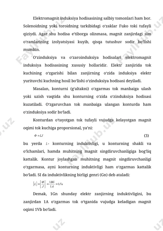 tok kuchining ga o‘zgaruvi ikkinchi kontur yuzini kesib o‘tayotgan magnit oqimni o‘zgartiradi, ya’ni: (10) bu esa o‘z navbatida ikkinchi konturda induksiya elektr yurituvchi kuchini vujudga keltiradi, ya’ni: (11) xudi shuningdek, ikkinchi konturdan oqaytgan tok kuchining ga o‘zgarishi tufayli birinchi kontur yuzini kesib o‘tayotgan magnit oqim (12) ga o‘zgaradi. natijada birinchi konturda (12) induksiya elektr yurituvchi kuchi vujudga keladi. mazkur hodisa, ya’ni konturlardan biri orqali o‘tayotgan tok kuchining o‘zgarishi natijasida ikkinchi konturda induksiya elektr yurituvchi kuchining vujudga kelishi o‘zaro induksiya deb, va lar konturlarning o‘zaro induktivligi deb ataladi ( ) konturning o‘zaro induktivligi konturlarning geometrik shakli, o‘lchamlari va ularning bir-biriga nisbatan vaziyatiga, hamda konturlarni o‘rab turgan muhitning magnit singdiruvchanligiga bog‘liq bo‘ladi. elektrotexnikaning eng asosiy elementlaridan biri bo‘lgan transformatorning ishlash prinsipi o‘zinduksiya hodisasiga asoslangan. yagona o‘zakka bir-biri bilan bog‘lanmagan ikki va undan ortiq cho‘lg‘amlar kiritilgan elektr zanjirga transformator deyiladi. transformator deb, o‘zinduksiyaga asoslangan, o‘zgaruvchan tok kuchlanishini o‘zgartirib bera oladigan va uzoq masofalarga …