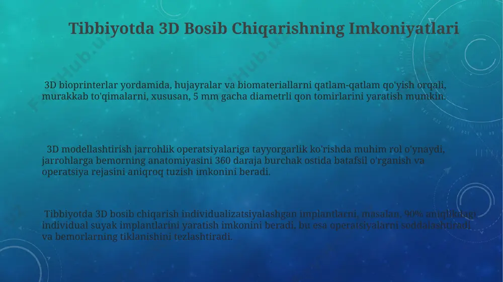 likning murakkab bosqichlarini simulyatsiya qilish va jarrohlik jamoasini mashq qilish imkonini beradi, bu esa xatoliklar sonini 15% ga kamaytirishi mumkin. 3d bioprinterlardan foydalanib, bemorning individual anatomik xususiyatlariga moslashtirilgan, operatsiyada qo'llaniladigan implantlar va protezlarni yaratish mumkin, bu esa jarrohlik amaliyotining samaradorligini 20-30% ga oshiradi. jarrohlik rejalarini tayyorlashda 3d modellashtirish jarrohga operatsiyadan oldin bemorning anatomiyasini 1 mm gacha aniqlikda vizualizatsiya qilish imkonini beradi, bu esa muvaffaqiyat ehtimolini sezilarli darajada oshiradi. tibbiy tasvirlash va 3d modellashtirish 3d bioprinting texnologiyasi yordamida individual bemorlar uchun moslashtirilgan protezlar va implantlarni yaratish, operatsiyadan oldin rejalashtirish vaqtida 90% gacha aniqlikni ta'minlaydi. yuqori aniqlikdagi 3d skanerlash texnologiyalari yordamida olingan ma'lumotlar asosida yaratilgan anatomik modellarning hajmi 1:1 nisbatda bo'lib, diagnostika va davolash rejasini tuzishda ishonchlilikni oshiradi. tibbiy tasvirlarni (kt, mrt) qayta ishlash orqali olingan 3d modellashtirish, jarrohlik amaliyotining murakkabligi va xavfini 25% ga kamaytirishga yordam beradi. 3d modellashtirishning afzalliklari va kamchiliklari yuqori aniqlikdagi 3d modellarning yaratilishi uchun kerak bo'lgan yuqori …
