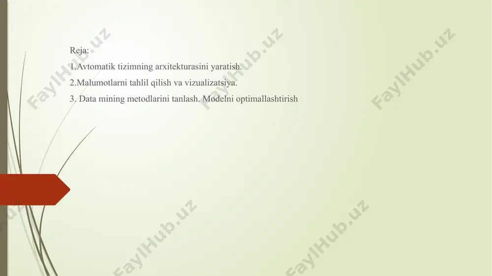 ash tizimi. bulutli saqlash katta hajmdagi ma'lumotlarni xavfsiz va samarali saqlashni ta'minlaydi. 4. ma'lumotlarni qayta ishlash ma'lumotlarni tozalash va qayta ishlash: yig'ilgan ma'lumotlar ko'pincha tozalanishi va normalizatsiya qilinishi kerak. bu bosqichda noto'g'ri yoki yo'qolgan qiymatlar (null), takroriy yozuvlar va boshqa anomaliyalar aniqlanib, tuzatiladi. etl (extract, transform, load): ma'lumotlarni chiqarish, o'zgartirish va saqlash jarayoni. bu jarayon ma'lumotlarni turli manbalardan to'plash, tozalash va ma'lumotlar bazasiga joylashtirishni o'z ichiga oladi. real vaqt rejimida ishlash: ba'zi tizimlarda ma'lumotlarni real vaqt rejimida qayta ishlash talab qilinadi. bunda apache kafka, apache flink, yoki google cloud dataflow kabi vositalar ishlatiladi. 5. tahlil va ma'lumotlarni foydalanuvchi uchun tayyorlash data mining va machine learning: yig'ilgan ma'lumotlar tahlil qilinadi va kerakli naqshlar yoki bilimlar chiqariladi. bunda data mining va machine learning usullari (klasterlash, klassifikatsiya, regressiya, assotsiatsiya qoidalari) ishlatiladi. ma'lumotlarni tahlil qilish ma'lumotlarni tahlil qilish maqsadi – ma'lumotlar to'plamidan axborot olish, naqshlar va bog'lanishlarni aniqlash, va natijalarni qimmatli qarorlar qabul qilish …