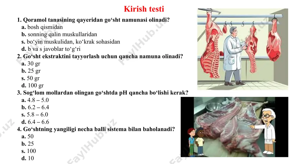 chun 25 gramm go‘sht olinib, u yog‘dan, paydan va suyakdan ajratiladi, keyin 40-50 bo‘lakka bo‘linib, 250 ml. hajmli kolbaga solinadi. bu kolbaga 100 ml. distirlangan suv quyilib, yaxshilab aralashtiriladi. bu go‘sht aralashmasi 15 daqiqa turgandan keyin (shu orada 3 marta qo‘zg‘atiladi) qog‘oz filtridan o‘tkazilib, filtrlanadi. go‘sht ekstraktini tayyorlash qoidaga muvofiq yaxshi go‘shtdan tayyorlangan ekstrakt filtr qog‘ozidan tezda o‘tadi va bu ekstraktning rangi tiniq bo‘ladi. buzilish jarayoni ketayotgan go‘shtlardan tayyorlangan ekstrakt filtrlanganda yomon filtrlanadi va olingan filtrat loyqa bo‘ladi. ph ni aniqlash uchun ishlatiladigan universal ionomer. ph ni aniqlash uchun ishlatiladigan komparator vodorod ioni konsentratsiyasining ko‘rsatkichini aniqlash (ph) vodorod ioni konsentratsiyasining ko‘rsatkichini aniqlashda mixaelis shkalasidan (ko‘rsatkichidan) foydalanib, 6 xonali komparator yordamida aniqlanadi 6 5 4 1 2 3 vodorod ioni konsentratsiyasining ko‘rsatkichini aniqlash (ph) ikkinchi nomerli probirkaga 2 ml tekshirilayotgan go‘sht ekstraktidan quyiladi va bunga yana 1 ml indikator (paranitrofinol), 4 ml distirlangan suv qo‘shiladi. birinchi, uchinchi, probirkalarga 2 ml dan …