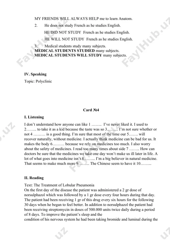 e isn’t 8……... i’m a big believer in natural medicine. that seems to make much more 9……... the chinese seem to have it 10……... ii. reading text: the treatment of lobular pneumonia on the first day of the disease the patient was administered a 2 gr dose of norsulphazol which was followed by a 1 gr dose every four hours during that day. the patient had been receiving 1 gr of this drug every six hours for the following 30 days when he began to feel better. in addition to norsulphazol the patient had been receiving streptomycin in doses of 500.000 units twice daily during a period of 8 days. to improve the patient’s sleep and the condition of his nervous system he had been taking bromide and luminal during the whole course of the disease until his discharge from the hospital. cough and chest pain were relieved by the …