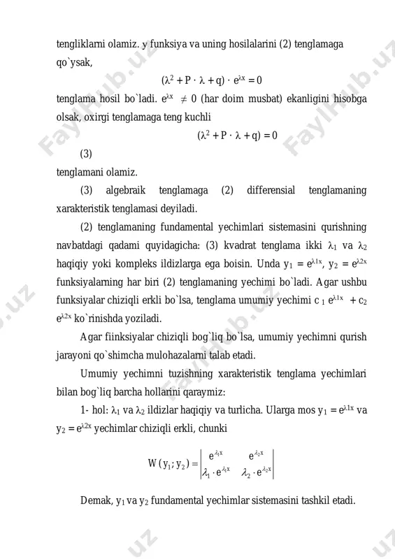 ) + 8 (ax + b) = x - 1 yoki 3ax - 4a + 3b = 3x - l. mos koeffitsiyentlarni tenglab, a = 1, b = -1 natijani olamiz. izlana- yotgan xususiy yechim: y = (х - 1)·ех; ii hol: agar α xarakteristik tenglamalardan biriga teng bo`lib, ikkinchisidan, farq qilsa, xususiy yechim у = x·q(x)·eαx ko`rinishida izlanadi. iii hol: agarda a xarakteristik tenglama ikki karrali ildizlariga teng bo`lsa, u holda xususiy yechim у = x2·q(x)·eαx ko`rinishida qidiriladi. 2. differensial tenglamalar sistemalari haqida umumiy ma`lumotlar agar bir noma`lum funksiyani emas, balki bir yo`la bir nechta noma`lum funksiyani topish masalasi qo`yilgan bo`lsa, umuman olganda, masala chekli shartlari - tenglamalari ham bir nechta bo`lishi zarur bo`ladi. agarda masala tenglamalari differensial tenglamalardan iborat bo`lsa, u holda differensial tenglamalar sistemasi haqida gapirish mumkin. sistema har bir tenglamasida hosila tartibi 1 dan oshmasa, sistema bi-rinchi tartibli differensial tenglamalar sistemasi deb yuritiladi. ikki noma`lum funksiyali …