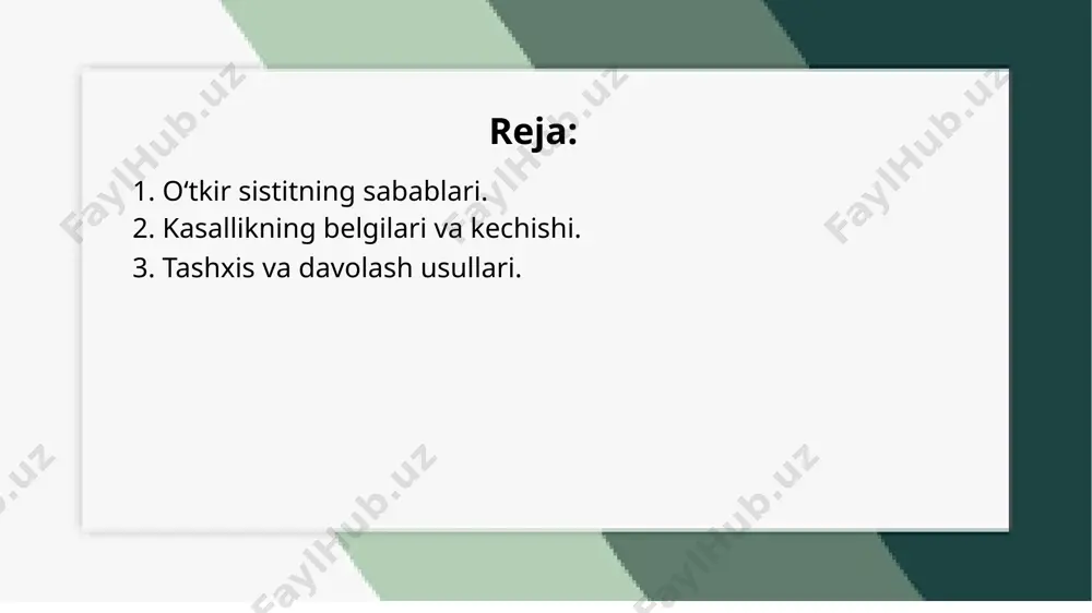 ikning og‘ir shaklida tana harorati ko‘tarilishi, titroq va umumiy kasallik alomatlari paydo bo‘ladi. kasallik davomida charchoq va ko‘ngil aynishi kabi simptomlar ham kuzatilishi mumkin. agar o‘tkir sistit erta davolansa, infeksiya tezda tuzaladi. ammo, agar davolash kechiktirilsa yoki noto‘g‘ri davolanayotgan bo‘lsa, infeksiya siydik yo‘llariga yoki buyraklarga tarqalishi mumkin, bu esa kasallikni murakkablashtiradi va surunkali sistitga aylanishiga olib keladi. shuning uchun kasallikni tezda aniqlash va to‘g‘ri davolash juda muhimdir. o‘tkir sistitning belgilari tez paydo bo‘ladi va odatda siydik qilishda og‘riq, achishish yoki kuyish hissi bilan boshlanadi. siydikni tez-tez qilish istagi ham paydo bo‘ladi, lekin siydikni oz-ozdan chiqarish holati ham kuzatilishi mumkin. siydikda qon yoki quyuq rangning paydo bo‘lishi pufakdagi yallig‘lanishni bildiradi. etiboringiz uchun rahmat! image1.png image2.jpeg image3.jpeg /docprops/thumbnail.jpeg
