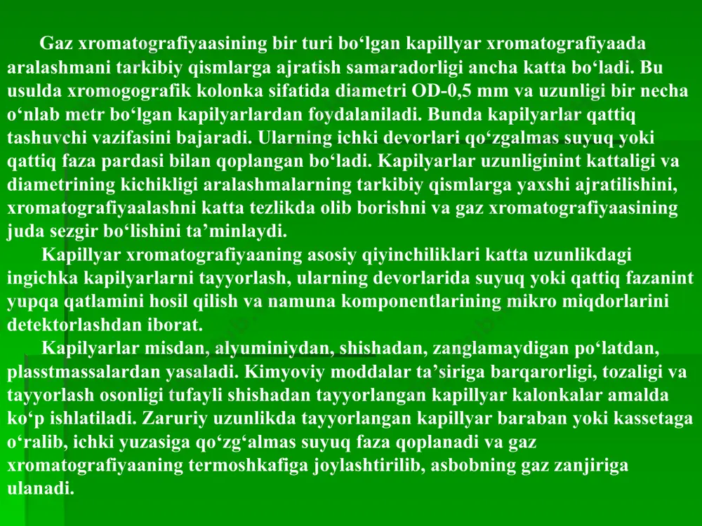 entan, 43-1,3-sis-dimetilsiklo-geksan + 1,4-trans-dimetilsiklogeksan, 44-1,3-sis-metiletilsiklo-pentan, 45-1,3-trans-metiletilsiklopentan, 2-trans-metiletilsikpopentan, 46-1,1-metiletilsiklopentan,47- n-oktan+1,2,3,4-trans,tetrametilsiklopentan, 48-1,2-trans-dimetilsiklogeksan, 49-1,3-trans- dimeti1siklogeksan+1 l-sis-dimetilsiklogeksan, gel xromatografiyasi. bu xromatografiyaaning mutlaqo o‘ziga xos turi bo‘lib, molekulalarning ulchamlari orasidagi farqdan foyda lanishga asoslangan. u gel xromatografiyaasi yoki elak xromatografiyasi deyiladi. gel xromatografiyaasida taqsimlanish xromatografiyaasidan farqli ravishda qo‘zg‘almas va harakatchan faza sifatida bitta suyuqlik-erituvchining o‘zi xizmat qiladi. bunda qattiq tashuvchi qatlami - gel donachalarini yuvib o‘tadigan suyuqlik harakatchan faza vazifasini o‘tab, ajratiluvchi aralashma komponeitlarini kolonka bo‘ylab siljitadi. shu suyuqlikning boshqa qismi gel donachalarining g‘ovaklariga joylashib, qo‘zgalmas faza vazifasini bajaradi. aralashma tarkibidagi molekulalar ulchamlari jihatdan turlicha, gel g‘ovaklarining diametri esa o‘zgarmas bo‘lganida moddalar aralashmasi tarkibiy qismlarga ajraladi. bunda ulchamlari gel g‘ovaklarining diametridan kichikroq bo‘lgan molekulalar gelda tutilib qoladi. tekshiriluvchi aralashma filtrlanganda maydaroq molekulgshar gel g‘ovaklariga kirib, shu g‘ovaklardagi erituvchida tutilib qoladi va gel qatlami bo‘ylab g‘ovaklarga kirolmagan yirikroq molekulalarga nisbatan sekinroq harakatlanadi. gel xromatografiyaasi moddalar aralashmasini shu moddalar molekulalarining ulchamlari va massalariga bog‘liq ravishda ajratish imkoniii …