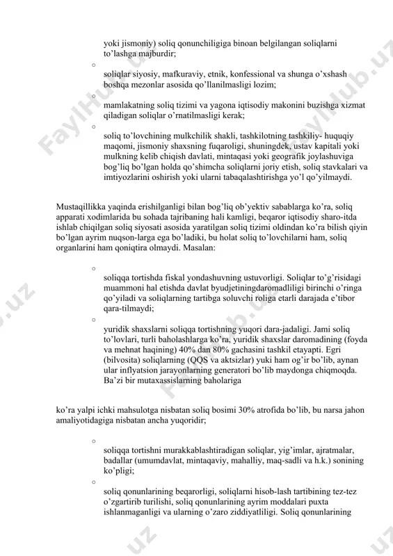 hun ularning iltimosiga ko’ra joriy yil doirasida soliqlar va yig’imlarni byudjetga to’lash, shuningdek, moliyaviy sanktsiyalar summalari (agar ularni to’lash korxonani kasodga uchrashga olib kelsa – 6 oy muddatgacha), bo’yicha to’lov muddatlarini kechiktirish yoki uzaytirish imkoniyatining mavjudligi. soliqqa tortish jarayonlari soliq tizimining asosiy printsiplari yordamida tartibga solinadi. bunday printsiplar quyidagilardan iborat: · soliqlar jamiyat va davlatning faoliyat ko’rsatishi va rivojlanishini moliyaviy ta’minlash maqsadida o’rnati-ladi; · o’rnatilgan tartibga ko’ra soliq to’lovchi bo’lgan har bir shaxs (yuridik yoki jismoniy) soliq qonunchiligiga binoan belgilangan soliqlarni to’lashga majburdir; · soliqlar siyosiy, mafkuraviy, etnik, konfessional va shunga o’xshash boshqa mezonlar asosida qo’llanilmasligi lozim; · mamlakatning soliq tizimi va yagona iqtisodiy makonini buzishga xizmat qiladigan soliqlar o’rnatilmasligi kerak; · soliq to’lovchining mulkchilik shakli, tashkilotning tashkiliy- huquqiy maqomi, jismoniy shaxsning fuqaroligi, shuningdek, ustav kapitali yoki mulkning kelib chiqish davlati, mintaqasi yoki geografik joylashuviga bog’liq bo’lgan holda qo’shimcha soliqlarni joriy etish, soliq stavkalari va imtiyozlarini oshirish yoki ularni tabaqalashtirishga …