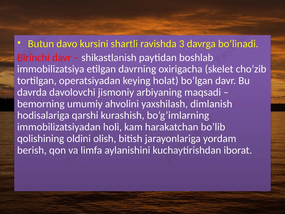 lari sinib siniqlari siljimaganda uch haftadan so’ng, ikkala tomon sinib, siniqlari siljimaganda ikki oydan keyin) mashqlar qisman tik turgan holda bajariladi. umurtqa pog’onasining sinishi. umurtqa pog’onasi singanda bemor chalqancha yotadi, to’shagi tagiga yog’och taxta qo’yiladi. umurtqa compression singanda karavotning bosh tomoni 20 sm ga ko’tarib qo’yiladi. davo gimnastikasi travmadan 3-4 kun keyin boshlanadi, avval oyoq-qo’l va nafas mashqlari qo’shiladi. mashqlar tobora murakkablashtiriladi, amplitudasi kengaytiriladi va muskulning qisqarish kuchi oshiriladi, yelka sohasi mashqlari aktiv ravishda qo’shiladi, orqaning yozuvchi muskullarini asta-sekin mashq qilinadi. bu davrda mashqlarni bajarganda chanoq sohasiga ortiqcha nagruzka berilmasligi kerak. monelik qiluvchi sabablar bo’lmasa, 10-12 kundan so’ng mashqlarni qorinda yotish dastlabki holatida bajariladi. davolashning ikkinchi oyidan muskullarga ancha kuchli nagruzkali mashqlar qo’shiladi. umurtqa pog’onasining egiluvchanligini yaxshilovchi mashqlar qo’llaniladi (“qaldirg’och” va hokazo). bu kasallarda davo fizkulturasidan maqsad bel muskullarini takomilashtirish hamda umurtqa pog’onasi muskuli va boylamlarini chiniqtirishdan iborat. bu davrda mashg’ulotlar 40-50 minut davom etadi, mashqlarning har turkumidan so’ng dam …