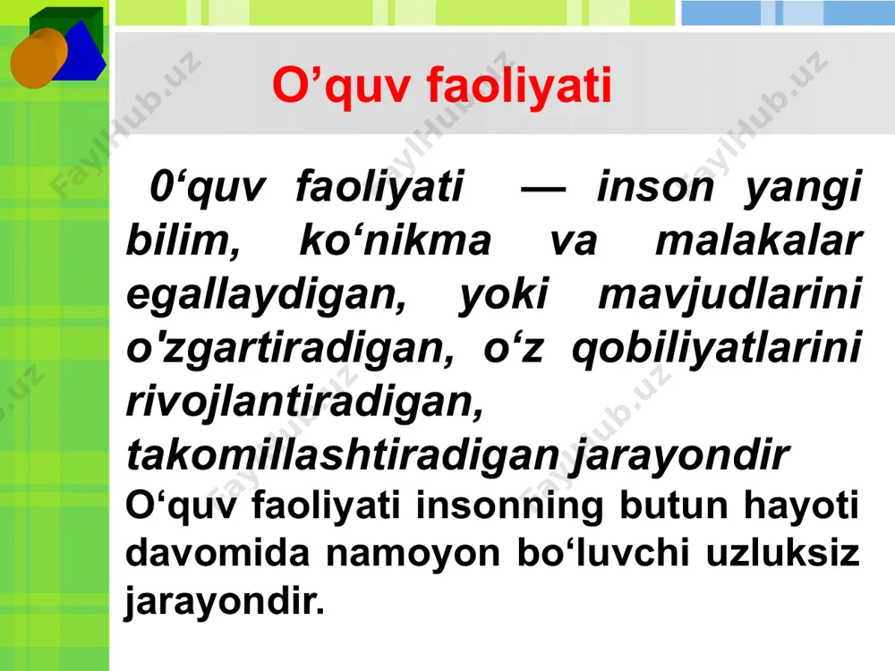 aradi, uni tashkil etadi va nazorat qiladi o‘quvchining o‘qishga bo‘lgan qiziqishini rivojlantirish uchun o‘qituvchi quyidagi qoidalarga tayanishi lozim : 1. o‘quv jarayonini shunday tashkil etish lozimki, bunda o‘quvchi faol harakat qilishi, mustaqil izlanishi, yangi bilimlarni o‘zi kashf etishi va muammoli xarakterdagi masalalarni yechish uchun sharoit izlashi kerak. 2. o‘quvchilarga bir xil o‘qitish usullari va bir turdagi ma’lumotlarni berishdan qochish kerak. 3. o‘rgatilayotgan fanga nisbatan qiziqishning namoyon bo‘lishi uchun ayni shu fan yoki bilim, o‘quvchining o‘zi uchun qanchalik ahamiyatli va muhim ekanligini bilishi kerak. 4. yangi material qanchalar o‘quvchi tomonidan avval o‘zlashtirilgan bilimlar bilan bog‘liq bo‘lsa, u o'quvchi uchun shunchalik qiziqarli bo‘ladi. 5. haddan ziyod qiyin material o‘quvchida qiziqish uyg‘otmaydi. berilayotgan bilimlar o‘quvchining kuchi yetadigan darajada bo‘lishi lozim. ta’lim texnologiyalarini loyihalashtirishda asosiy konseptual ta’limning shaxsga yo’naltirilganligi. tizimli yondashuv dialogik yondashuv hamkorlikdagi ta’limni tashkil etish muammoli yondashuv. pedagogik baho psixologiyasi . bolalar ta’limi va tarbiyasining muvaffaqiyati motivatsiyaga, ya’ni bilimlarni o‘zlashtirish ko‘nikma va …