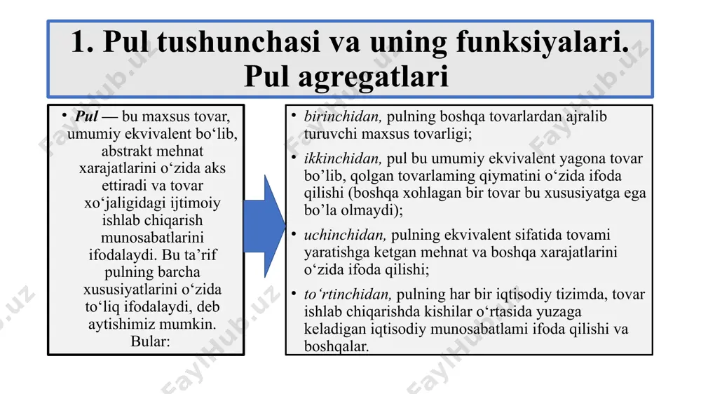 digan depozitlar + chekli omonatlar + yo‘l cheklari; makroiqtisodiy tahlilda m1 va m2 pul agregatlari eng ko‘p foydalaniladi. pul agregatlarining dinamikasi turli sabablarga bog‘liq. masalan, daromadlarning oshishi natijasida m1ga talab tezroq o‘ssa, foiz stavkasining o‘sishi natijasida m2 va m3ga talab m1ga nisbatan tezroq o‘sadi. barcha pul agregatlari yig‘indisi yalpi pul massasi yoki yalpi pul taklifini tashkil qiladi. pulning tarkibiy qismlarida naqd pullar – metall va qog‘oz pullardan iborat bo‘ladi. naqd pullar bozor iqtisodiyotida rivojlanayotgan mamlakatlarda umumiy pul massasining 5–7 foizni, bozor iqtisodiyotiga o‘tayotgan mustaqil hamdo‘stlik davlatlarida 30–35 foizni tashkil qiladi. pulning kelib chiqishi bilan bog’liq nazariyalar: 1. pulning metalistik nazariyasining rivojlanishida merkantilistik maktab namoyandalarining qarashlari muhim o’rin tutadi. ular pulning qadr-qimmatini oltin va kumushning tabiiy xossalarida deb bilib, uning tovar mazmunini tan olganlar. biroq, pulni nodir metallar bilan ayniylashtirish ularning mohiyati va iqtisodiyotdagi roliga noto’g’ri baho berish hamda pul fyetishizmining rivojlanishiga olib kelgan. 2. pulning nominalistik nazariyasi tarafdorlari metalistik nazariyaga …