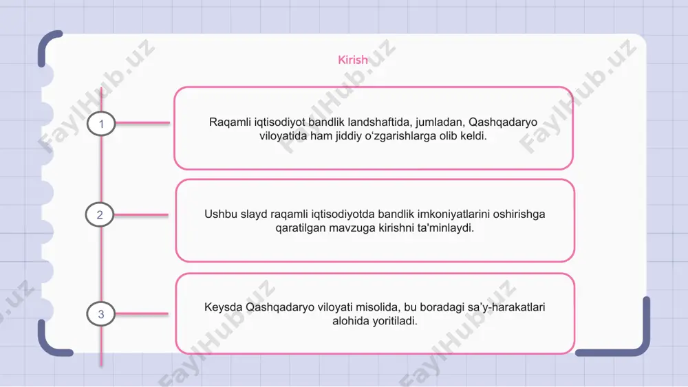 ng yo‘qligidir. bu bo‘shliqni bartaraf etish uchun raqamli ta’lim va ta’lim dasturlarini taqdim etish zarur. raqamli iqtisodiyotdagi imkoniyatlar raqamli iqtisodiyot qashqadaryo viloyatida aholi bandligini oshirish uchun bir qancha imkoniyatlar yaratadi. raqamli texnologiyalarni qo‘llash orqali mintaqa yangi korxonalarni jalb qilishi va aholi uchun ish o‘rinlari yaratishi mumkin. ko'nikmalarni rivojlantirish dasturlari va o'qitish tashabbuslari ishchi kuchini raqamli ishlarga tayyorlash va tadbirkorlikni rivojlantirishga yordam beradi. 1 2 3 hukumatning bandlikka ko'maklashishdagi roli raqamli iqtisodiyot sharoitida qashqadaryo viloyatida aholi bandligini ta’minlashda hukumat muhim rol o‘ynaydi. u ish o‘rinlari yaratishni rag‘batlantirish va aholini o‘qitish imkoniyatlarini ta’minlash bo‘yicha siyosat va dasturlarni amalga oshiradi. biznes uchun qulay muhitni yaratish va infratuzilmaga sarmoya kiritish orqali hukumat yangi raqamli sanoatlarni jalb qilish va bandlik imkoniyatlarini yaratishga yordam beradi. raqamli iqtisodiyot ishlari uchun zarur bo'lgan ko'nikmalar qashqadaryo viloyatida raqamli iqtisodiyot muayyan malakaga ega shaxslarni talab qiladi. raqamli iqtisodiyot bo'yicha ishlarda muvaffaqiyat qozonish uchun shaxslar kodlash va dasturlash kabi kuchli texnik …