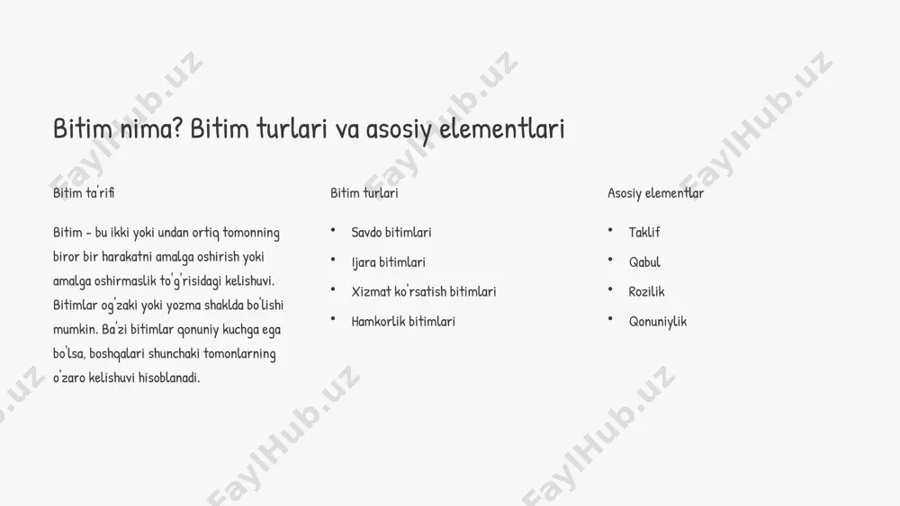 , favqulodda vaziyatlar, boshqa tomonning harakatlari va h.k. oqibatlar moliyaviy yo'qotishlar obro'ga putur yetishi sud jarayonlari yechimlar kelishuvga erishish sudga murojaat qilish 6 bitimlarni bekor qilish asoslari tomonlarning kelishuvi tomonlar o'zaro kelishuvga erishgan holda bitimni bekor qilishlari mumkin. 1 muhim xatolik agar bitim tuzishda muhim xatolik yuz bergan bo'lsa, bitim bekor qilinishi mumkin. 2 aldov agar bir tomon boshqa tomonni aldagan bo'lsa, bitim bekor qilinishi mumkin. 3 majburlash agar bitim bir tomonning majburlashi ostida tuzilgan bo'lsa, bitim bekor qilinishi mumkin. 4 7 shartnomalarni o'zgartirish tartibi 1 kelishuv 2 yozma shakl 3 imzolash shartnomaga o'zgartirish kiritish uchun tomonlar o'zaro kelishuvga erishishlari kerak. o'zgartirishlar yozma shaklda tuzilishi va har ikki tomon tomonidan imzolanishi shart. 8 elektron bitimlar va ularning xususiyatlari elektron bitimlar an'anaviy bitimlardan farq qiladi. ular tezroq, qulayroq va arzonroq. elektron bitimlar elektron raqamli imzo bilan tasdiqlanishi mumkin. elektron bitimlarni tuzishda qonunchilik talablariga rioya qilish muhim. 9 xulosa: muhim jihatlar va …