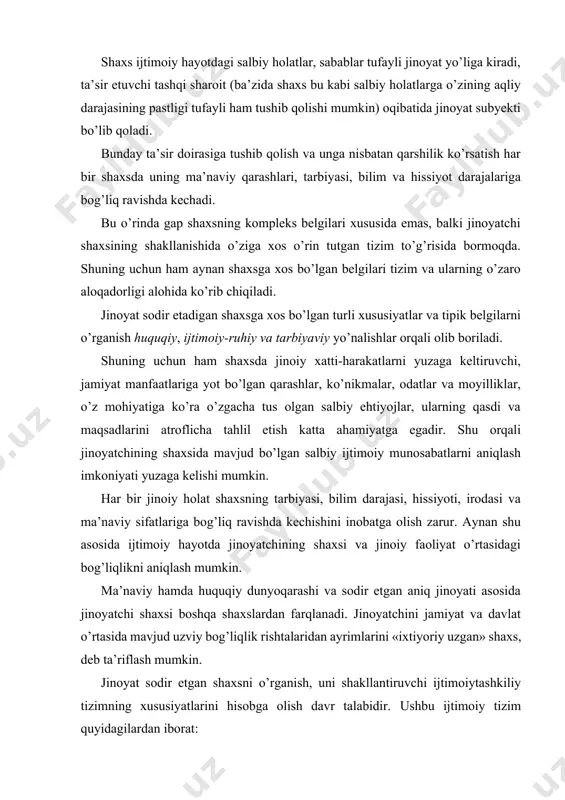 og’liqlik rishtalaridan ayrimlarini «ixtiyoriy uzgan» shaxs, deb ta’riflash mumkin. jinoyat sodir etgan shaxsni o’rganish, uni shakllantiruvchi ijtimoiytashkiliy tizimning xususiyatlarini hisobga olish davr talabidir. ushbu ijtimoiy tizim quyidagilardan iborat: · ijtimoiy-demografik; · jinoiy-huquqiy; · ijtimoiy-ruhiy; · ijtimoiy-ma’naviy va tarbiyaviy. sanab o’tilgan har bir yo’nalishda quyidagi omillarni e’tiborga olish maqsadga muvofiqdir: 1. ijtimoiy-demografik (ya’ni aholishunoslik) yo’nalishi o’z ichiga shaxsning jamiyatda tutgan mavqei, aholining ma’lum bir qatlamida o’ziga xos o’rin egallashini bildiradi. ijtimoiy-demografik xususiyatlar asosida, ya’ni shaxsning jinsi, yoshi, ijtimoiy va oilaviy ahvoli, ma’lumoti, kasbi va hokazolar orqali fuqarolarning qaysi qatlamida jinoyat turlari oshganligi yoki kamayganligini aniqlash mumkin. ba’zan jinoyat sodir etgan shaxslarning ma’lumot darajasi o’rtacha emasligini ham ko’rish mumkin. iqtisodiy yoki harbiy sohada jinoyat sodir etuvchi shaxslarda oliy, hatto maxsus tayyorgarlikdan o’tganlik darajalari mavjudligi kuzatiladi. ko’rinib turibdiki, bunday vaziyatlarda shaxsning shakllanishida birinchi galda biologik emas, balki ijtimoiy omillar ta’sir qilmoqda. shaxsning oilaviy va ijtimoiy kelib chiqishini o’rganish orqali uning bir qator kriminogen …