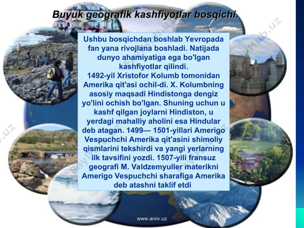 amerika qirg'oqlari, afrikaning va janubiy amerikaning ichki qismlari va tabiati o'rganildi. yerning ichki qismlari, yer yuzasi relyefi, ye.r usti va osti suvlari, shamollar, o'simliklar haqida bilimlarni to'planishi bilan tabiiy geografiyadan geologiya, gidrologiya, geobotanika va meteorologiya ajralib chiqib ketdi. www.arxiv.uz www.arxiv.uz xx asr bosqichi. . mazkur bosqich ikki davrdan iborat: birin-chi davr xx asrning birinchi qismini o'z ichiga oladi. mazkur davrda tabiiy geografiyada qator muhim ta'limotlar yaratildi. v.v.dokuchayev tomonidan tabiat zonalligi ta'limoti yaratildi. a. a. grigorev tomonidan esa geografik qobiq va geografik muhit ta'limoti yaratildi. biosfera haqida ta'limot esa v. a. vernadskiy tomonidan yaratildi www.arxiv.uz www.arxiv.uz umumiy yer bilimining o'rganish obekti geografik qobiqdir. geografik qobiq haqidagi ta'limot xx asrning 30-yillarida yara-tilgan bo'lsada, ammo uning ayrim g'oyalari tabiiy geografiya fanining rivojlanishining butun tarixi-davomida shakjiana borgan. ko'p davrlar davomida geografiya asosan yer yuzasini tas-virlash bilan shug'ullanib keldi. geografik o'lkalarni, mamla-katlarni tasvirlash bilan bir qatorda ilmiy geografiya ham rivoj-lana boshladi. geografik voqea va hodisalarni …