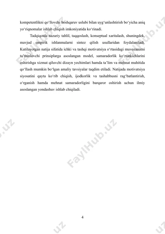 ivatsiya turlari: ichki va tashqi motivatsiyaning umumiy ta’rifi 1.5. motivatsiyaning shaxs rivojlanishi va faoliyat samaradorligidagi o‘rni ii bob. ichki va tashqi motivatsiyaning ta’sir mexanizmlari 2.4. ichki motivatsiya: shaxsiy qiziqish, maqsad va o‘zini namoyon qilish omillari 2.5. tashqi motivatsiya: rag‘bat, mukofot va jazolash tizimlari orqali ta’sir mexanizmlari 2.6. ichki va tashqi motivatsiyaning o‘zaro ta’siri va ular orasidagi muvozanat iii bob. ichki va tashqi motivatsiyaning samaradorlikka ta’siri 1.2. ta’lim jarayonida ichki va tashqi motivatsiyaning samaradorlikka ta’siri 1.3. mehnat jarayonida ichki va tashqi motivatsiyaning natijalarga ta’siri 1.4. samaradorlikni oshirishda motivatsiyani uyg‘unlashtirishning innovatsion usullari xulosa ushbu ish davomida rahbar va xodimlar o‘rtasida samarali kommunikatsiya tashkilot natijadorligining ajralmas omili ekani isbotlandi. muloqot — bu faqat xabar uzatish emas, balki maqsadlarni uyg‘un talqin qilish, rollar va javobgarlikni aniqlash, resurslarni muvofiqlashtirish hamda qarorlarni izchil bajarishga yo‘naltiruvchi boshqaruv mexanizmidir. kommunikatsiya tizimi sog‘lom bo‘lgan jamoada strategik niyat kundalik harakatga aylanadi, shaffoflik va ishonch esa xodimlarning tashabbusi, mas’uliyati va ijodkorligini …