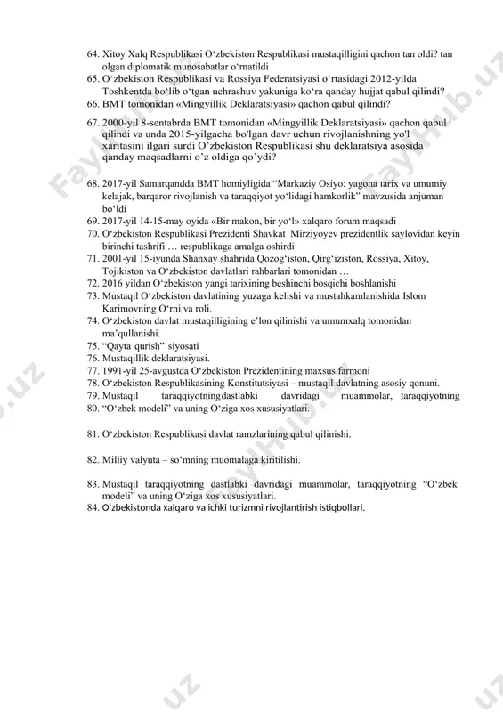 oav o’ziga xos belgilari 54. o’zbekiston respublikasida mavjud barcha tele va radio kanallarning necha foizi nodavlat ommaviy axborot vositalari hisoblanadi 55. “2002-2010 yillarda kompyuterlashtirish va axborot-kommunikatsiyalari texnologiyalarini rivojlantirish dasturi” 56. 2002-yilning 3-iyulidagi o'zbekiston respuыikasi prezi­dentining farmoniga ko’ra 57. mamlakatda 2005-yilning boshidan oavni rivojlantirishning yangi ьosqichi boshlandi prezident iakarimov 2005-yilning 28-yanvarida oliy majlis qonunchilik palatasi va senatining qo'shma majlisidagi ma'ruzasida qanday vazifa qo’yildi? 58. elektron hujjat aylanishi to'g'risidagi qonun 59. o'zbekiston respubikasi prezidentining 2012-yil 21-martda qabul qilingan qaror ma’no va mazmuni 60. “mamlakatimizda demokratik islohotlarni yanada chuqurlashtirish va fuqarolik jamiyatini rivojlantirish konsepsiyasi”da iii yo’nalishi sohasi … 61. o'zbekiston respublikasi prezidentining 2017 y pf-5148-sonli farmoni nimaga qaratilgan edi? 62. o'zbekiston respblikasi prezidentining pq-1740-sonli qarori 2012-yil 16-apreldagi o'zbekiston respublikasida qanday tizim yaratildi 63. o'zbekiston respubikasi prezidentining pq-1740-sonli qarorini amalga oshirishni ta'minlash maqsadida yazirlar mahkamasining 2012-yil 25-iyulda 228-sonli qarori 64. xitoy xalq respublikasi o‘zbekiston respublikasi mustaqilligini qachon tan oldi? tan olgan diplomatik munosabatlar o‘rnatildi …