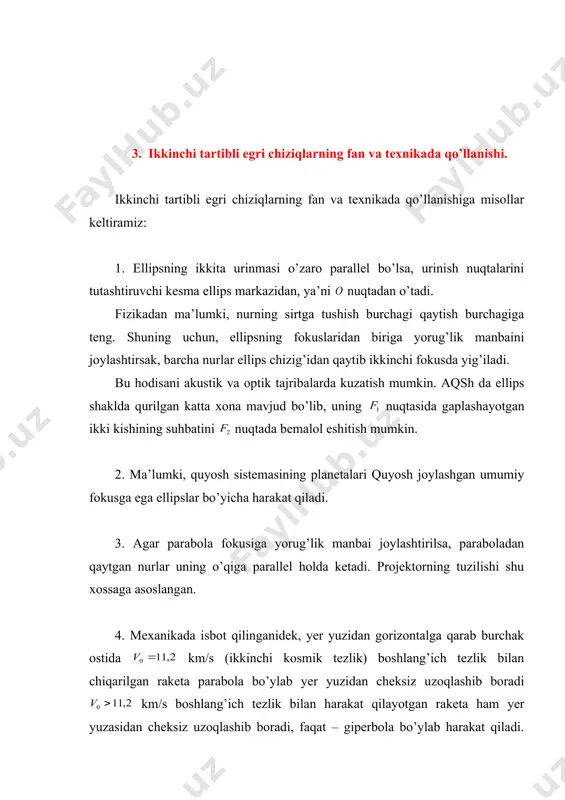 i bilan tushush nuqtasi abssissalar o’qida yotsin. hosil bo’lgan kesmaning o’rtasidan hamda suvning eng balandga ko’tarilgan nuqtalari orqali ordinatalar o’qini o’tkazamiz. 19 – c h i z m a. biz oldin egri chiziqning tenglamasini tuzamiz. tenglamani ko’rinishda izlaymiz. masala shartiga asosan, tenglama ko’rinishni oladi. bu egri chiziq a (1 ; 0) nuqtadan o’tganligi uchun bu nuqtaning koordinatalari tenglamani qanoat-lantirishi kerak: a d a b i y o t l a r. 1. t.jo’raev va boshqalar. “oliy matematika asoslari”. 1–qism, “o’zbekiston”, t. 1995 2. t.shodiev. “analitik geometriyadan qo’llanma”, “o’qituvhi”, t. 1973 3. b.a.abdalimov. “oliy matematika”, “o’qituvhi”, t. 1994 4. v.e.shneyder va boshqalar. “oliy matematika qisqa kursi” 1–qism, “o’qituvchi”, t. 1985 5. fizika, matematika va informatika (ilmiy – uslubiy jurnal), №4 va №6, 2004 6. s.p.vinogradov. oliy matematika “o’qituvchi”, t. 196 7. www.ziyonet.uz 0 x ellips giperbola parabola 0 x b (0 ; 12) y 0 a1 (-8 ; 0) a2 (8 …