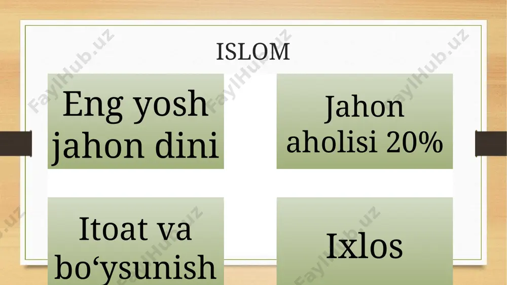ani sogʻ va uyida bir kunlik eguligi boʻlsa, bilingki, unda dunyodagi barcha ne'matlar mujassam ekan”, deb ne'matni keng ma'noda tushunish lozimligiga ishora qilganlar. hadis yangi xabar tarjimasi paygambarimiz aytgan so‘zlari taqrirlari u kishiga berilgan sifatlar qilgan ishlari hadis qismlari matn mazmuni isnod rivoyat qilgan roviylar zanjiri hadis hadis qudsiy hadis manosi suzi allohniki lafzi paygambardan nabaviy hadis mano va lafz paygambardan hadislar jamlanishi musnad madinada, urva ibn zubayr suryalik, muslim az-zuhriy ahmad ibn hambal tuplami fiqh uslubidagi tuplam molik ibn anasning muvatto asari sunniy muhddislar imom buxoriy imom muslim imom dovud imom termiziy imom mojja imom nasoiy mustaqillik yillarida hadis kitoblar nashr qilindi qur’oni karim tarjima va tafsiri ilmiy markazlar islom talim muassasalari qur'on va hadislardan namunalar biz insonni ota-onasiga yaxshilik qilishga buyurdik (29:8). gapingga qattiq ishonadigan birodaringga yolgʻon soʻzni aytmogʻing katta xiyonatdir. hayo imondandir... uyalmasang xohlagan ishingni qil. salomni oshkora qilinglar(orangizda yoyinglar), salomat boʻlasizlar. bir-birlaringiz bilan salomlashib yuringlar, shunda …