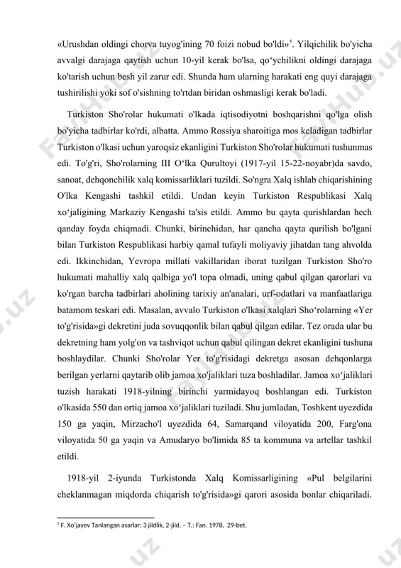 anab o'tilgan qiyinchiliklar yetmaganday turkiston sho'ro hukumatining oziq-ovqat bobida qo'llagan siyosati dard ustiga chipqon boʻldi. 1918-yilning bahoridan e'tiboran g'alla tanqisligiga go'sht, moy, choy, qand-shakar yetishmovchiligi kelib qo'shildi. ana shunday og'ir sharoitda sho'ro hukumati aholini sinfiy guruh va toifalarga ajratib oziq-ovqat bilan ta'minlay boshladi. avval qizil askarlar, so'ngra sanoat korxonalari ishchilari va eng oxirida qishloq aholisi manfaati hisobga olindi. bu siyosat ham tub yerli aholi manfaatiga qarshi edi. chunki mahalliy aholining asosiy qismi qishloqlarda yashardi. paxtakor xo'jaliklarni oziq-ovqat mahsulotlari bilan ta'minlash umuman rejaga kiritilmagan edi. qir- adirlarda yashovchi ko'chmanchi aholi esa asosan giyohlaru o't- oʻlanlar bilan oziqlanar edilar. turkiston sho'ro hukumati «harbiy kommunizm» siyosati asosida oʻlkada bir qator iqtisodiy tadbirlarni ko'rdi. avvalo 1918-yil 21-yanvarda maxsus dekret bilan turkistonda g'alla bilan savdo qilish ta'qiqlab qo'yildi. 1919-yil 4-iyundan oʻlkada oziq-ovqat diktaturasi - yakkahokimligiga o'tildi. bu borada «g'alla monopoliyasi to'g'risida», «sinfiy non payogi to'g'risida», «turkiston respublikasida oziq-ovqat siyosatini amalga oshirish yuzasidan oziq-ovqat komissariga favqulodda …