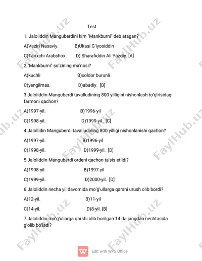 jaloliddin manguberdi haqida test savollari — PDF