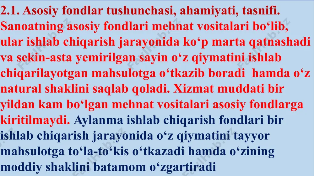 xisoblash mashinalari, kompyuterlar); • transport vositalari; • foydalanish muddati bir yildan kam bo‘lmagan va qonunchilikda belgilab qo‘yilgan qiymatlardagi asbob. asosiy ishlab chiqarish fondlari ishlab chiqarishda band bo‘lgan barcha mutaxassis va xodimlar soni bilan birgalikda korxonaning ishlab chiqarish kuchlari deb ataladi. asosiy ishlab chiqarish fondlari ishlab chiqarish jarayonida bajaradigan vazifasiga qarab aktiv va passiv fondlarga bo‘linadi. aktiv (faol) ishlab chiqarish fondlari mehnat buyumlarining tayyor mahsulotga aylanishida bevosita qatnashadi. quvvat mashinalari va uskunalar, generatorlar, transformatorlar, ishchi mashina va uskunalar, tartibga soluvchi asboblar, texnologik liniyalar, mehnat qurollari. passiv fondlar ishlab chiqarish jarayonida bevosita ishtirok etmaydi, lekin ishlab chiqarish samaradorligini oshirishda muhim vazifani bajaradi, mehnatkashlarning mehnat qilishlari uchun zarur shart-sharoitlar yaratib beradi (binolar, inshootlar, jixozlar va x.k.). noishlab chiqarish asosiy fondlari korxona asosiy fondlarining ishlab chiqarishda bevosita ishtirok etmaydigan qismi bo‘lib, o‘z qiymatini tayyor maxsulotga o‘tkazmaydi. bularga korxona balansida turuvchi turar joy, oshxona, profilaktoriy, klub, bolalar bog‘chasi va yaslilar, sport-sog‘lomlashtirish markazlari va x.k. kiradi. …