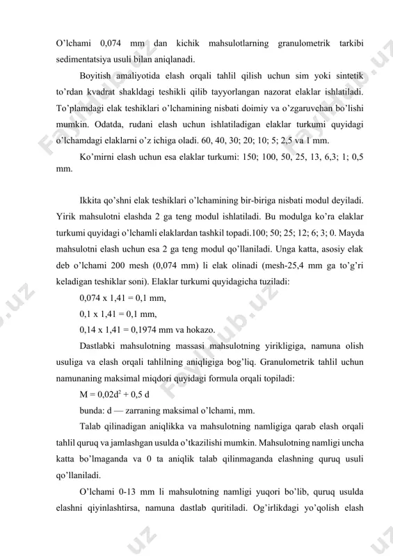 entatsiya tahlili deyiladi. sedimentatsiya tahlilning eng sodda usuli tindirish hisoblanadi. tahlil uchun 20—50g mahsulot balandligi 150 mm gacha bo’lgan stakanga solinadi. stakan yuqori belgisigacha suv bilan to’ldiriladi. tahlil uchun tayyorlangan bo’tana zarralarning erkin tushishini ta’minlash uchun suyuq (10:1) bo’lishi kerak. bo’tana tingandan keyin ustki qismining diametri 6-10 mm li sifon trubka orqali c idishga tushirib olinadi. tahlil quyidagicha bajariladi: a stakandagi bo’tana yaxshilab aralashtiriladi. 1.1- sedementatsiya tahlili o’tkazish uchun asbob aralashtirish to’xtatilgandan so’ng sekundomer yoqiladi va ma’lum muddatga bo’tana eng mayda fraksiya (-10 mk)ni cho’kishi uchun tinch holda ushlab turiladi. ma’lum vaqt o’tgandan keyin sifon trubkaning qisqichi ochiladi va cho’kma ustidagi suyuqlik quyib olinadi. stakan yana suv bilan to’ldiriladi va bu operatsiyalar ajratib olinayotgan suyuqlik tiniq holga kelguncha takrorlanadi. «c»idishdagi hamma suyuqlik bitta qilib yig’iladi va tindiriladi, undan keyin suv to’kib olinadi, qoldiq quritiladi va tortiladi. xuddi shu tartibda boshqa sinflar (-20 mk) ham tindiriladi. elaklar turkumi yordamida elab, ajratib …