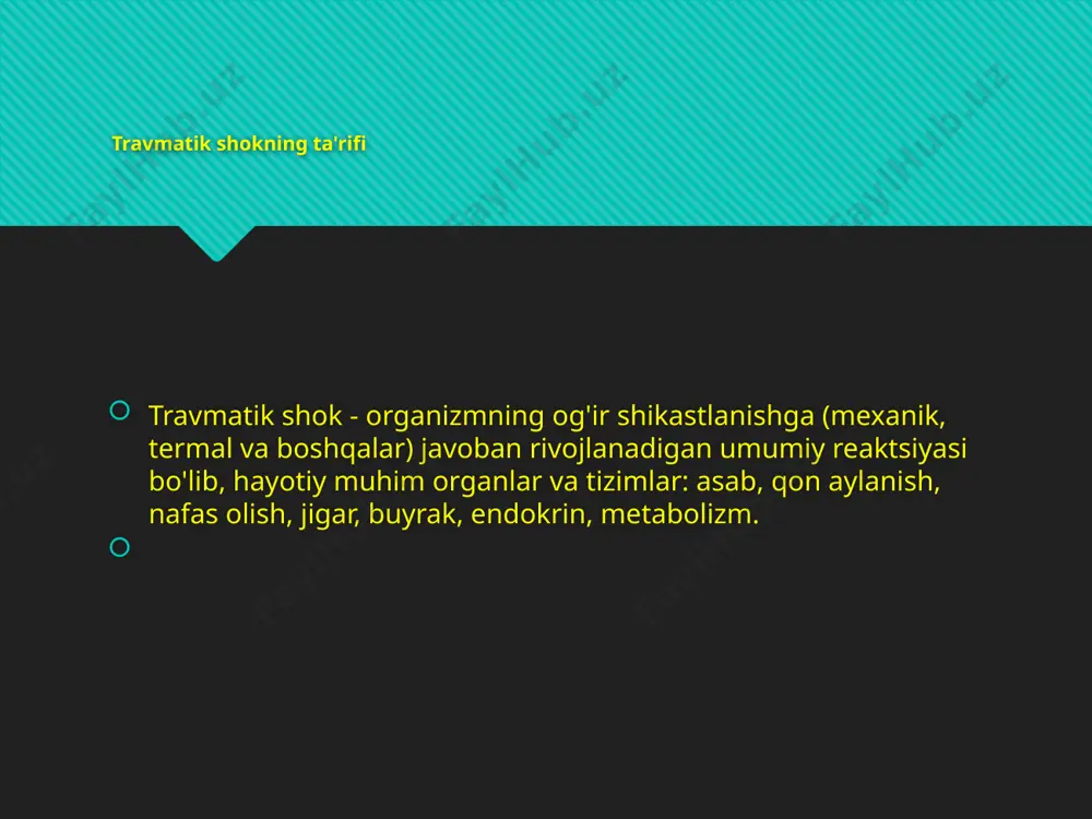 shganda glyukoza-novokain aralashmasini kiritish . 7. gemoglobin 50 g/l, gematokrit 20-25% gacha bo'lganda qizil qon tanachalarini quyish, qonni qayta quyish . 8. periferik qon tomir tonusini rag'batlantiruvchi dori vositalarini qo'llash: - daqiqada 100-250 mkg dozada dopamin , - 1 litr 5% glyukoza eritmasiga 2-4 ml 0,2% norepinefrin eritmasi. malakali tibbiy yordam nafas olish tizimining faoliyatini tiklash: - o'tkir nafas etishmovchiligining mexanik sabablarini yo'q qilish (asfiksiya, gemotoraks, pnevmotoraks, qovurg'aning fenestrlangan sinishida qovurg'a qopqog'ini mahkamlash); - barcha turdagi blokadalar (interkostal, paravertebral , vagosimpatik); - namlangan kislorodni inhalatsiyalash; - o'tkir nafas etishmovchiligida traxeyani intubatsiya qilish va mexanik ventilyatsiya qilish; - traxeostomiya . malakali tibbiy yordam jigar faoliyatini tiklash: - insulin va b va c vitaminlari bilan 5-10% glyukoza eritmasini tomir ichiga yuborish; - kislorodli terapiya. buyrak faoliyatini tiklash: - osmotik diuretiklarni yuborish: 30% karbamid eritmasi (bemorning 1 kg vazniga 1 g quruq modda), 15% mannitol eritmasi (1 kg vazniga 0,5 g). - ikki …