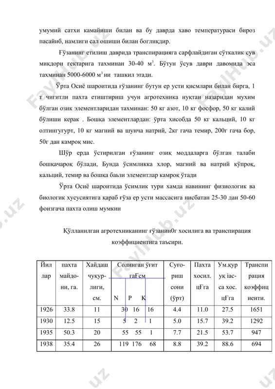 бошқа шароитлари бир хил бўлган ерларда, пахтада мўл хосил етиштириш учун ғўза парваришига турли миқдорда мехнат ва маблағ сарфлашга тўрғи келади. суғориладиган шароитда ва лалмикор ерларда ғўзанинг тупроқга бўлган муносабати бир-биридан анча фарқ қилади. бунинг сабаби шундаки, суғориш йўли билан хар хил тупроқда лалмикорликдагига нисбатан ғўзанинг озиқланиш, суғориш факторларига бўлган талабини осонликча бошқариш мумкин. суғориладиган дехқончилик шароитида ғўза шағал, ёки қум қатлами бирмунча юзароқ жойлашган ерларда хам яхши усаверади, лёкин буларда озиқ моддалар етарли миқдорда бўлса бас. хайдалма қатлам қалин, унга ўсимлик илдизлари бемалол кира оладиган ва шу қатламда озиқ қатламлар етарли бўлган жойларда ғўза яхши усади ва тупроқ ичига чуқур тараладиган илдиз масса хосил қилади. ўрта осиёда жуда қадимдан суғорилиб келинаётган бўз тупроқли ерлар ана шу хилдаги ерлардан хисобланади, чунки бу ерлар азотдан бошқа озиқ моддалардан яхши таъминланган. механикавий таркиби қумоқ тупроқдан қумоқ тупроқгача бўлган ерлар хам ғўзанинг ўсиши учун қулай, лёкин суғориладиган шунингдек лалмикор хамда енгил қумоқ тупроқли …