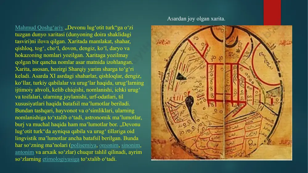 day qoʻchib qutuladi? kaçan kalı kurtulur. musibat koʻnglimni oʻrtadi. ulşıp eren börleyü, boʻri boʻlib ulidilar, yırtıp yaka urlayu, yoqa yirtib turdilar, sıkrıp üni yurlayu, yigʻlab-siqtab yurdilar, sıgtap közi örtülür. koʻz yoshlari moʻl boʻldi. alp er toʻngʻa marsiyasi [tahrir | manbasini tahrirlash] mahmud koshg'ariy maqollaridan «tulku o‘z iniga ursa, ujuz bo‘lur» («tulki o‘z uyasiga qarab ulisa qo‘tir bo‘ladi»). mahmud koshg‘ariy izohlashicha, «bu maqol o‘z elini, urug‘ini va mamlakatini yomonlovchilarga qarata aytiladi». * «erik erpi yag‘lig‘, ermagu bashi qanlig‘» («tirishqoqning labi yog‘lik, erinchoqning boshi qonlik»). bu maqol yalqovlikni tashlashga, g‘ayrat bilan ishlashga undab aytiladi. * «suv ichirmasga sut ber». u senga yomonlik qilganga ham yaxshilik qil, degan ma’noda ishlatiladi. *«o’kuz azaqi bo‘lg‘incha, buzag‘u bashi bo‘lsa yik» («ho‘kizning oyog‘i bo‘lguncha, buzoqning boshi bo‘lgan yaxshiroq»). u «mustaqillik bo‘ysunishdan yaxshi» degan ma’noda qo‘llanadi. *«tavg‘ach xanning to‘rqusi telim, tenglamazib bichmas» («qoraxitoy) xoqonining ipak gazmoli ko‘p, lekin o‘lchamay kesilmaydi»). bu maqol ishni boshida puxta o‘ylab qilishga undab, …