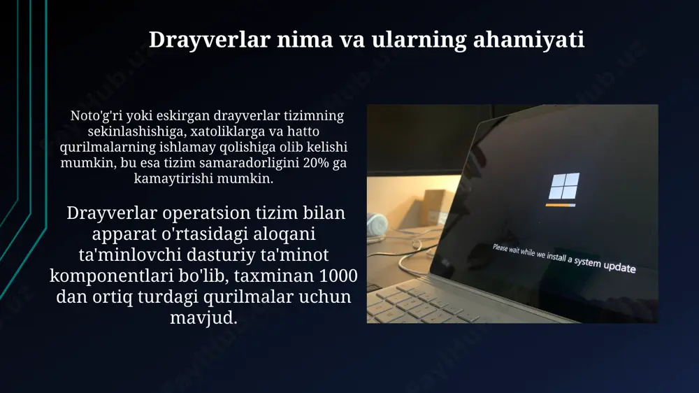 verlarni zip fayldan o'rnatish zip fayl ichidagi drayverni o'rnatish uchun, avvalo uni ochib, o'rnatish faylini (masalan, setup.exe yoki install.exe) toping va uni administrator huquqi bilan ishga tushiring. jarayon taxminan 2-5 daqiqa davom etadi. agar zip fayl shifrlangan bo'lsa, uni avval ochish uchun parolni kiriting. keyin, yuqoridagi ko'rsatmalarga amal qilib, drayverni o'rnating. xatoliklarni bartaraf etish uchun 3-4 marta qayta urinib ko'ring. drayverlarni qayerdan topish mumkin kompyuteringizning qurilmalar menejeri (device manager) sizga qurilmalaringiz va ularga o'rnatilgan drayverlar haqida ma'lumot beradi; agar drayver eski bo'lsa yoki yo'q bo'lsa, uni yangilash uchun mos keladigan variantlarni taklif qilishi mumkin. ba'zi mashhur drayver yuklab oluvchi saytlar, masalan, driverpack solution yoki snappy driver installer, minglab qurilmalar uchun drayverlar bazasiga ega bo'lib, avtomatik qidiruv va o'rnatish imkoniyatini beradi, lekin ehtiyotkorlik bilan foydalaning. e'tiboringiz uchun rahmat @taqdimot_robot image1.jpg image2.jpg image3.jpg image4.jpg image5.jpg image6.jpg image7.jpg image8.jpg image9.jpg image10.jpg image11.jpg image12.jpg image13.jpg image14.jpg image15.jpg